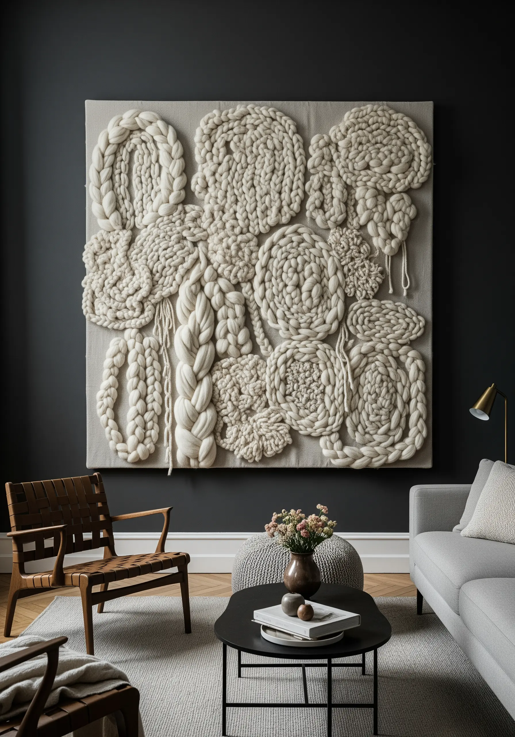 A large, highly textured wall hanging made with chunky braided and coiled off-white wool.