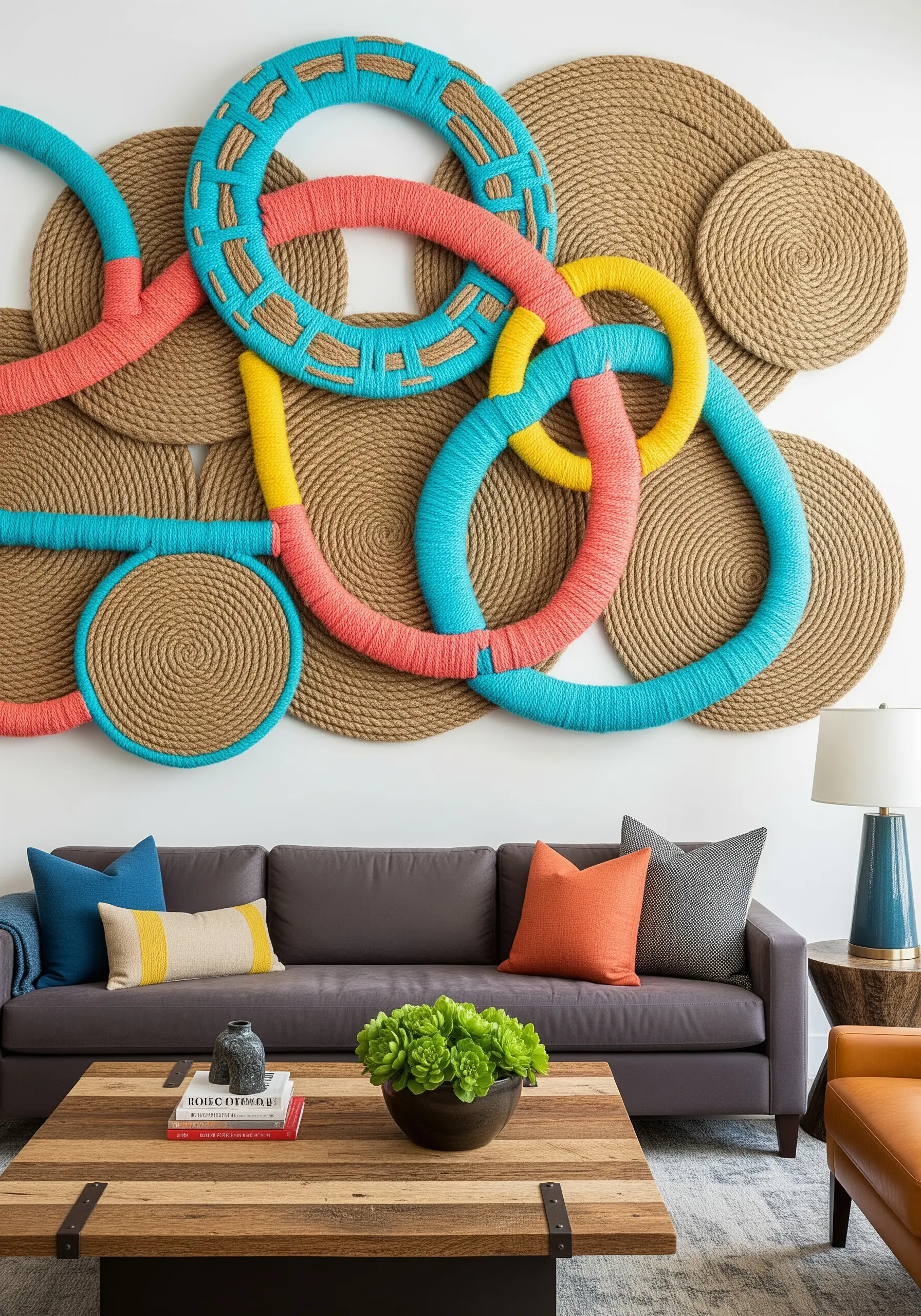 A wall art installation composed of coiled jute rope discs and brightly wrapped rings.
