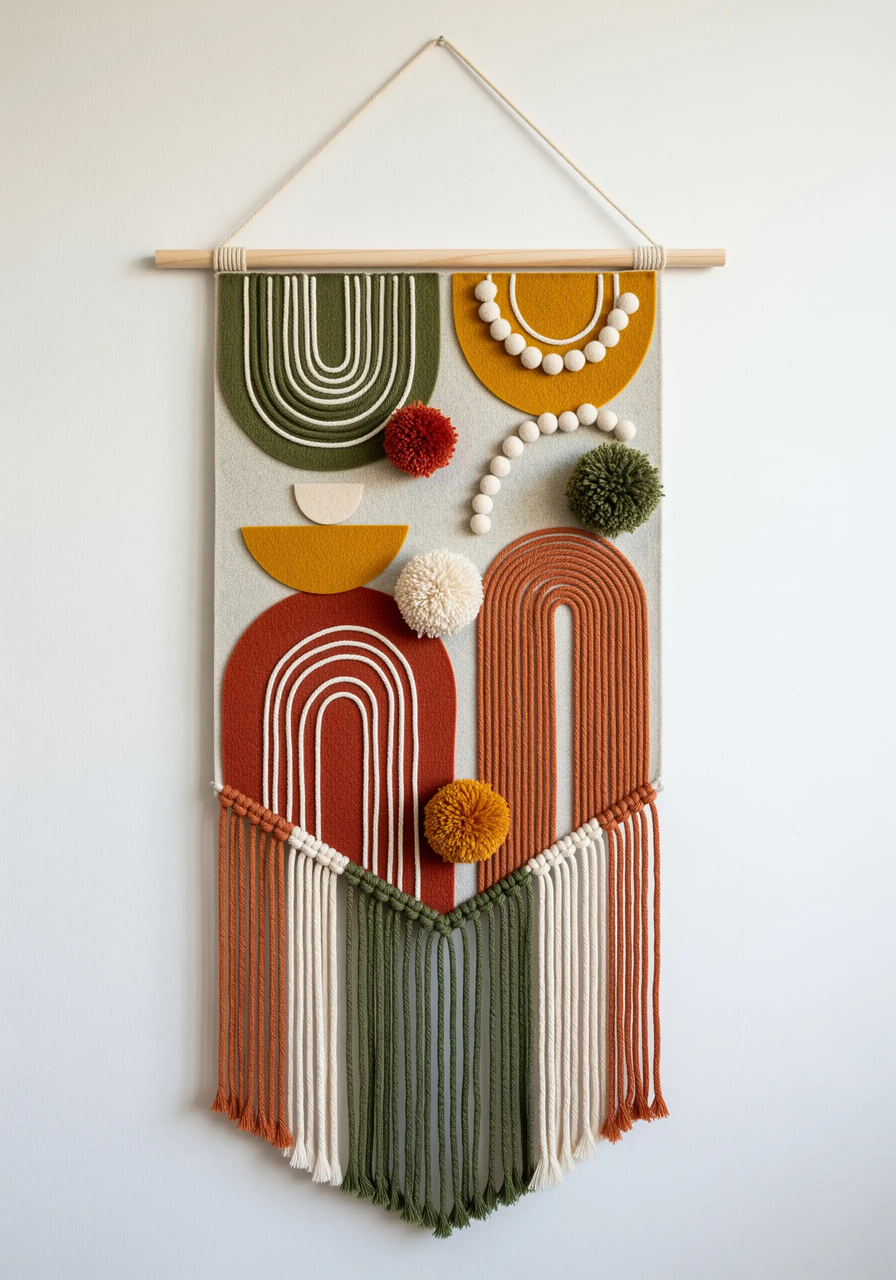 Abstract felt and yarn wall hanging in earth tones
