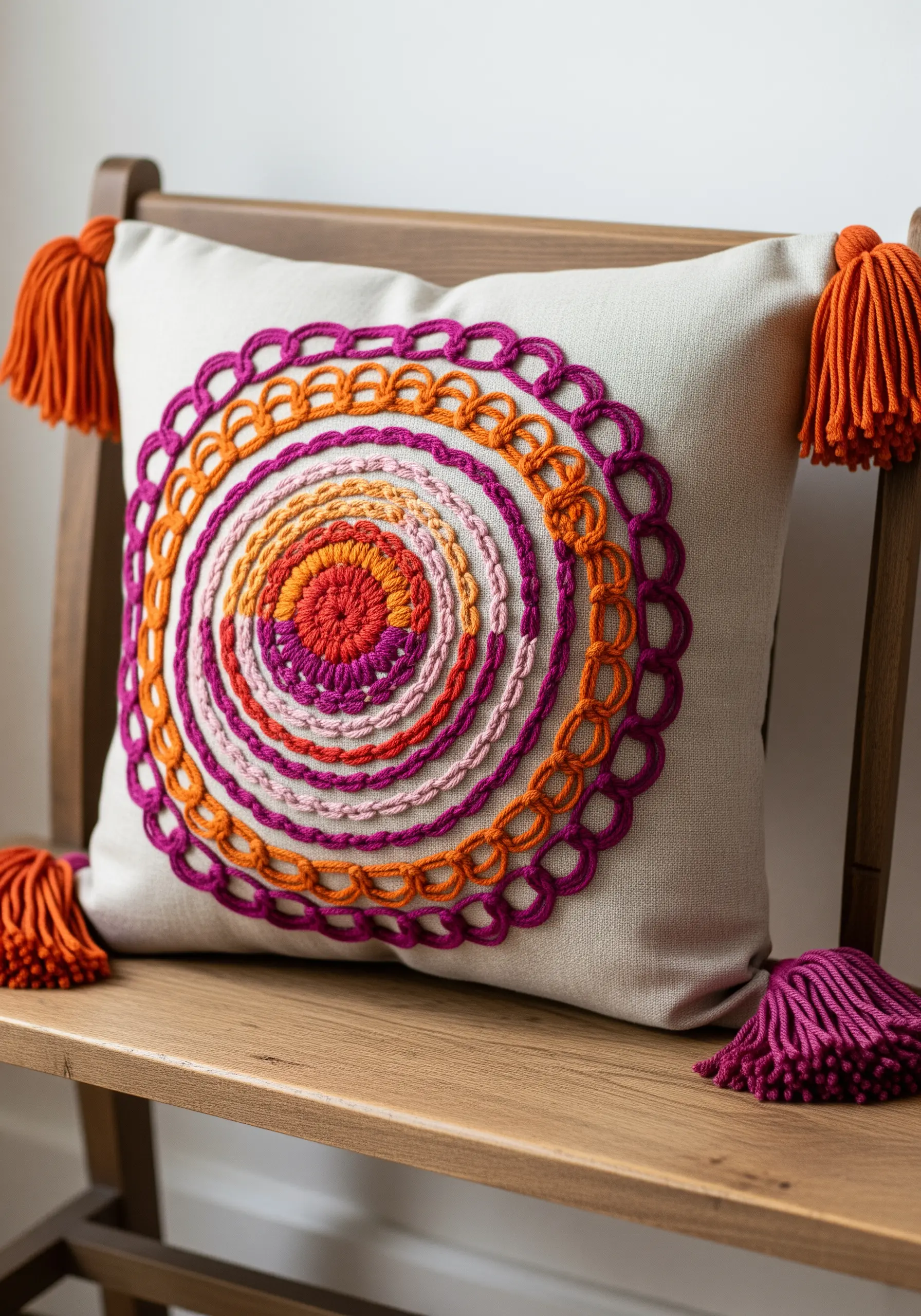 Close-up of a brightly colored embroidered mandala pillow with chain stitches and tassels.