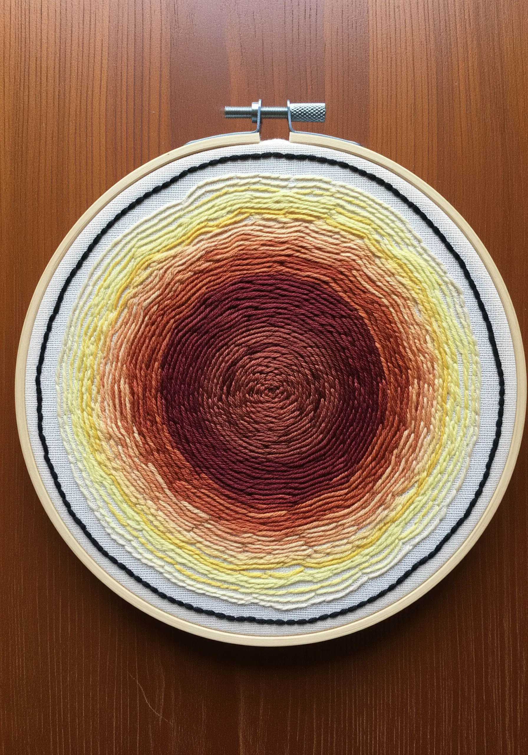 Circular embroidery with a smooth color gradient from deep red to yellow using concentric stitches.
