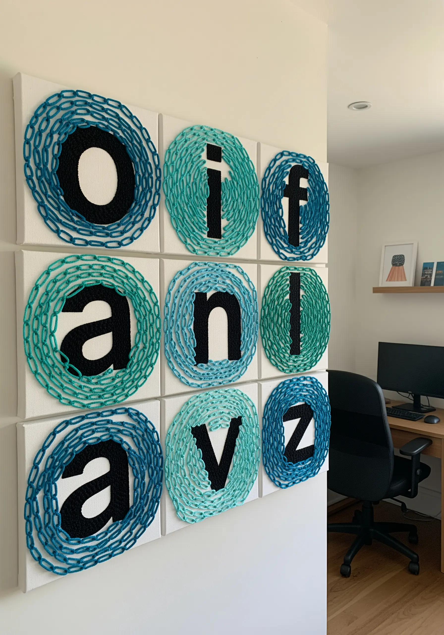 Black letter 'o' surrounded by teal concentric chain stitching