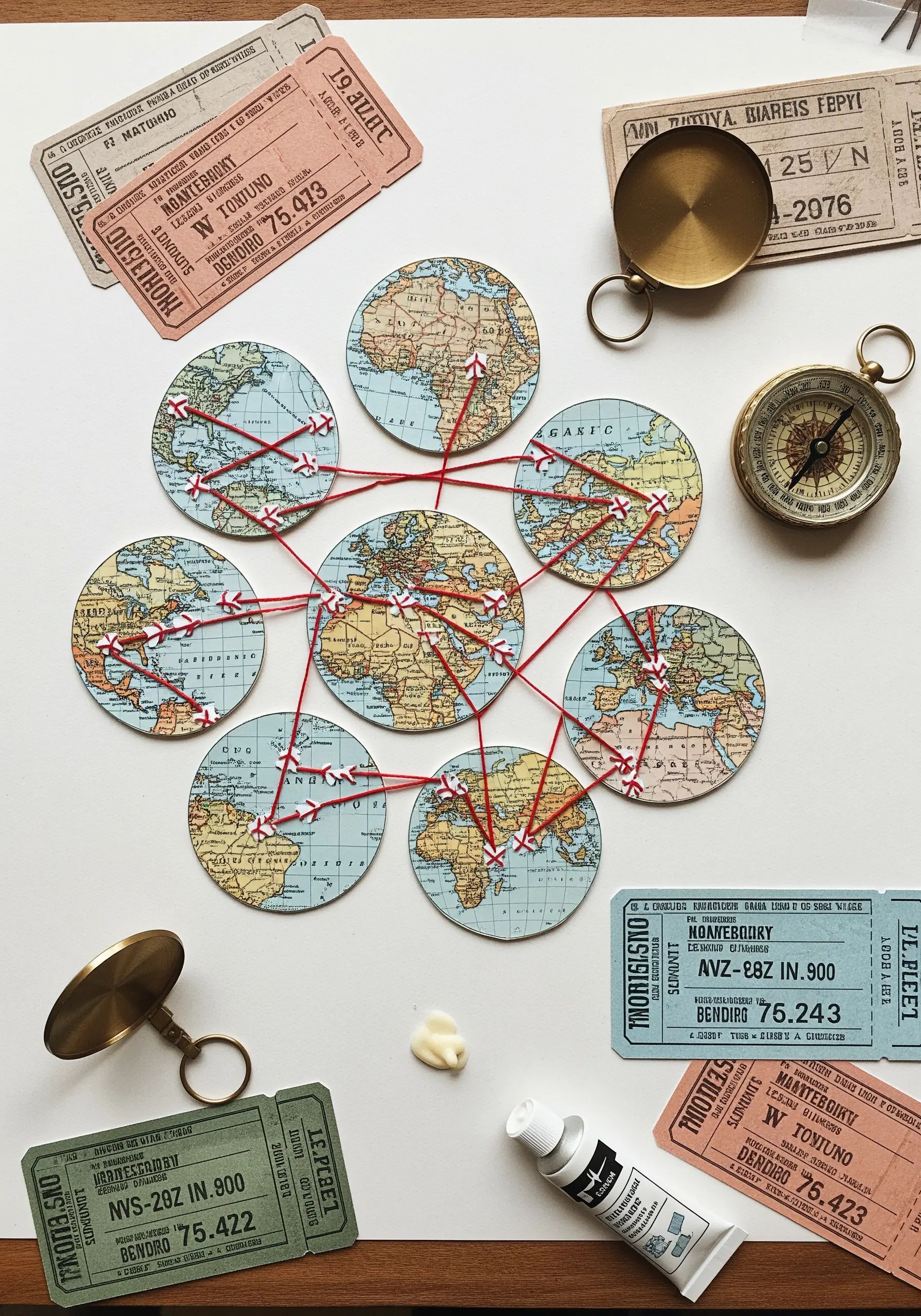 Red thread stitching connecting locations on circular vintage maps