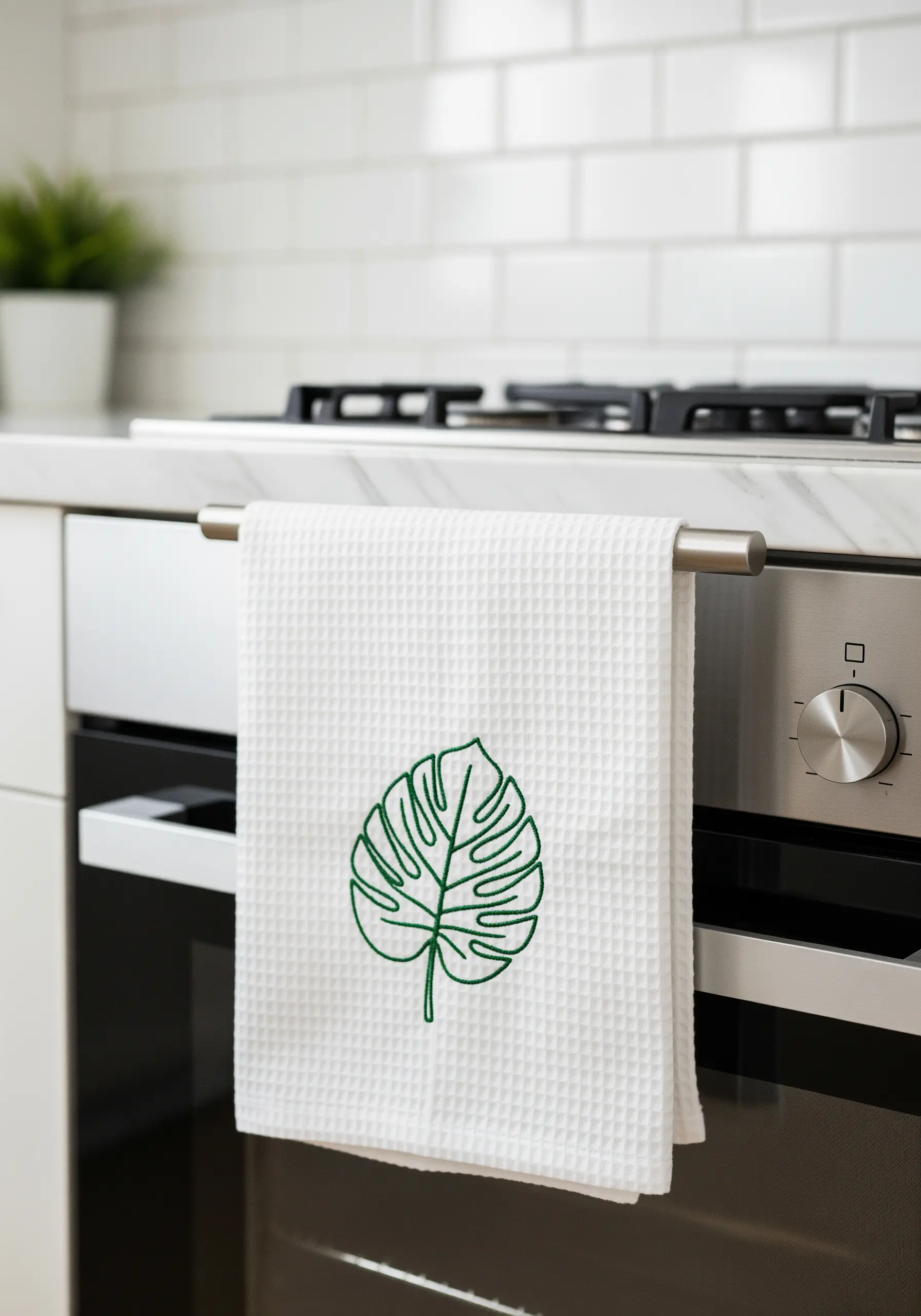 A simple green line art monstera leaf embroidered on a white waffle-weave kitchen towel.