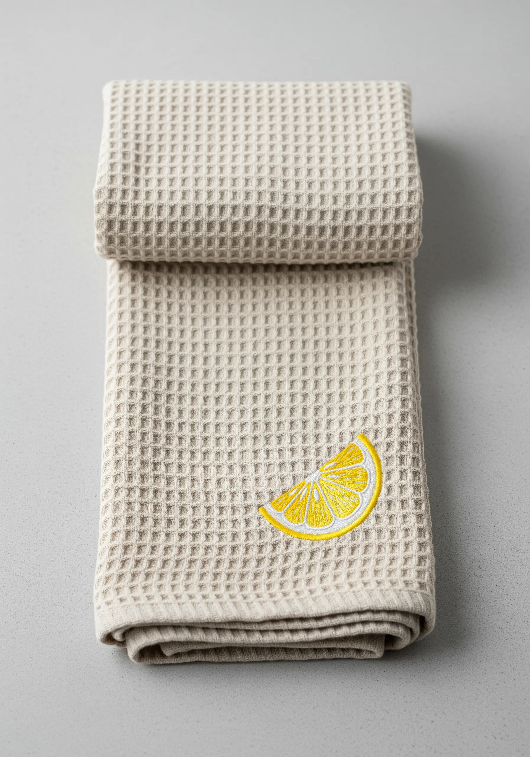 A bright yellow lemon slice embroidered on a textured waffle-weave kitchen towel.