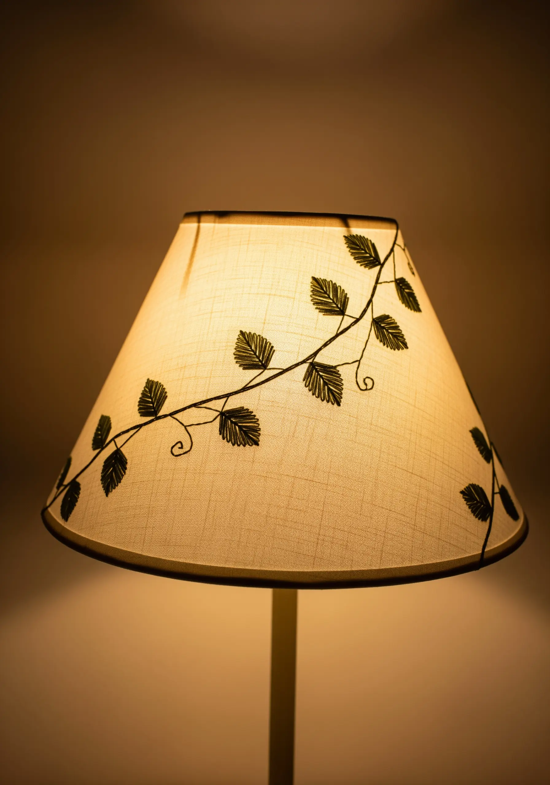 A simple vine with leaves embroidered around a fabric lampshade, which is lit from within.