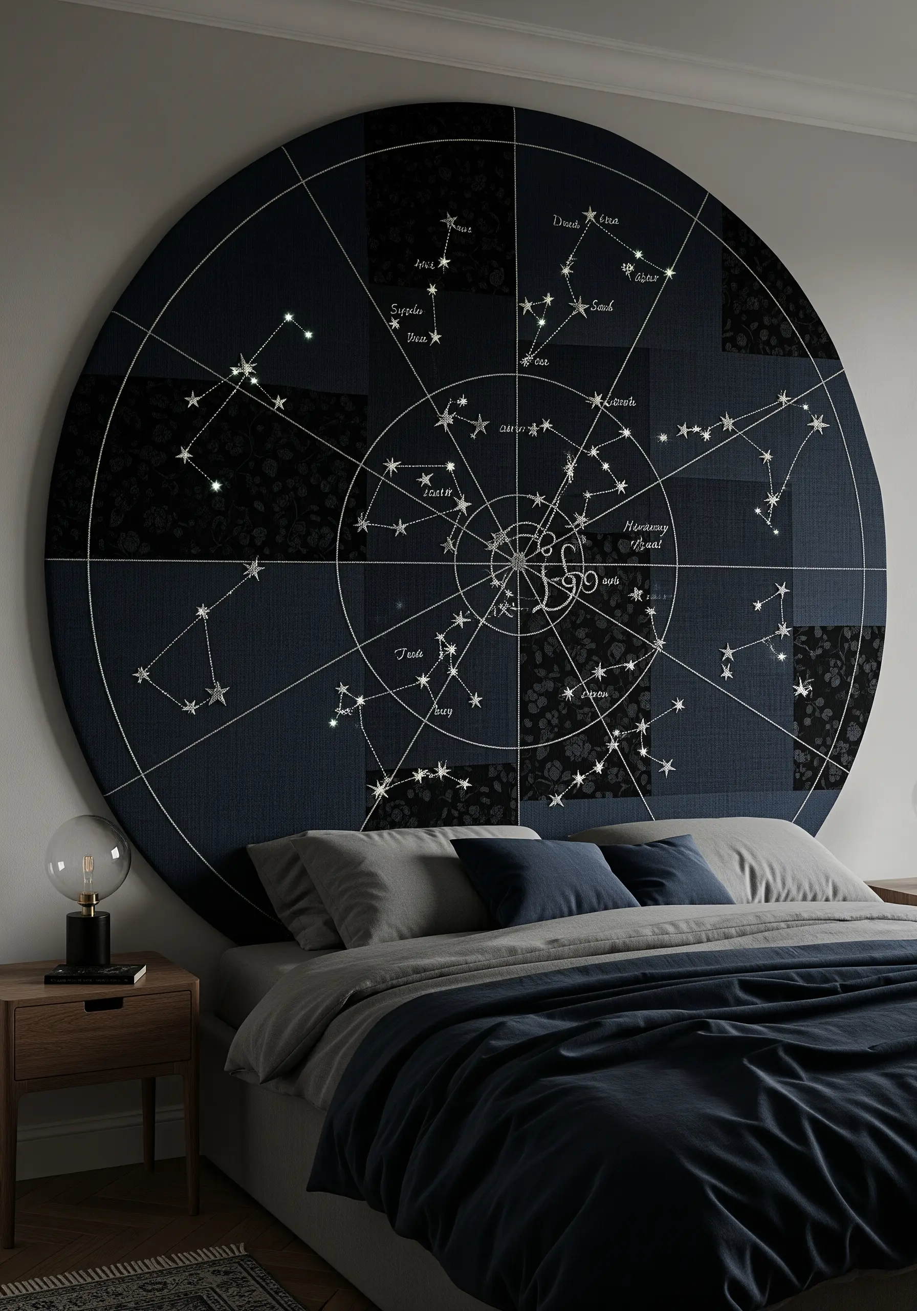 Large circular headboard embroidered with constellations and star maps on dark fabric.