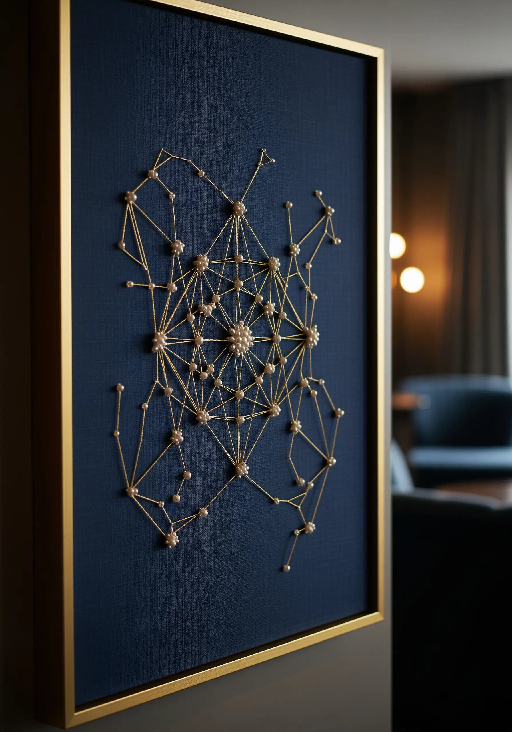 Gold thread geometric constellation on dark blue fabric