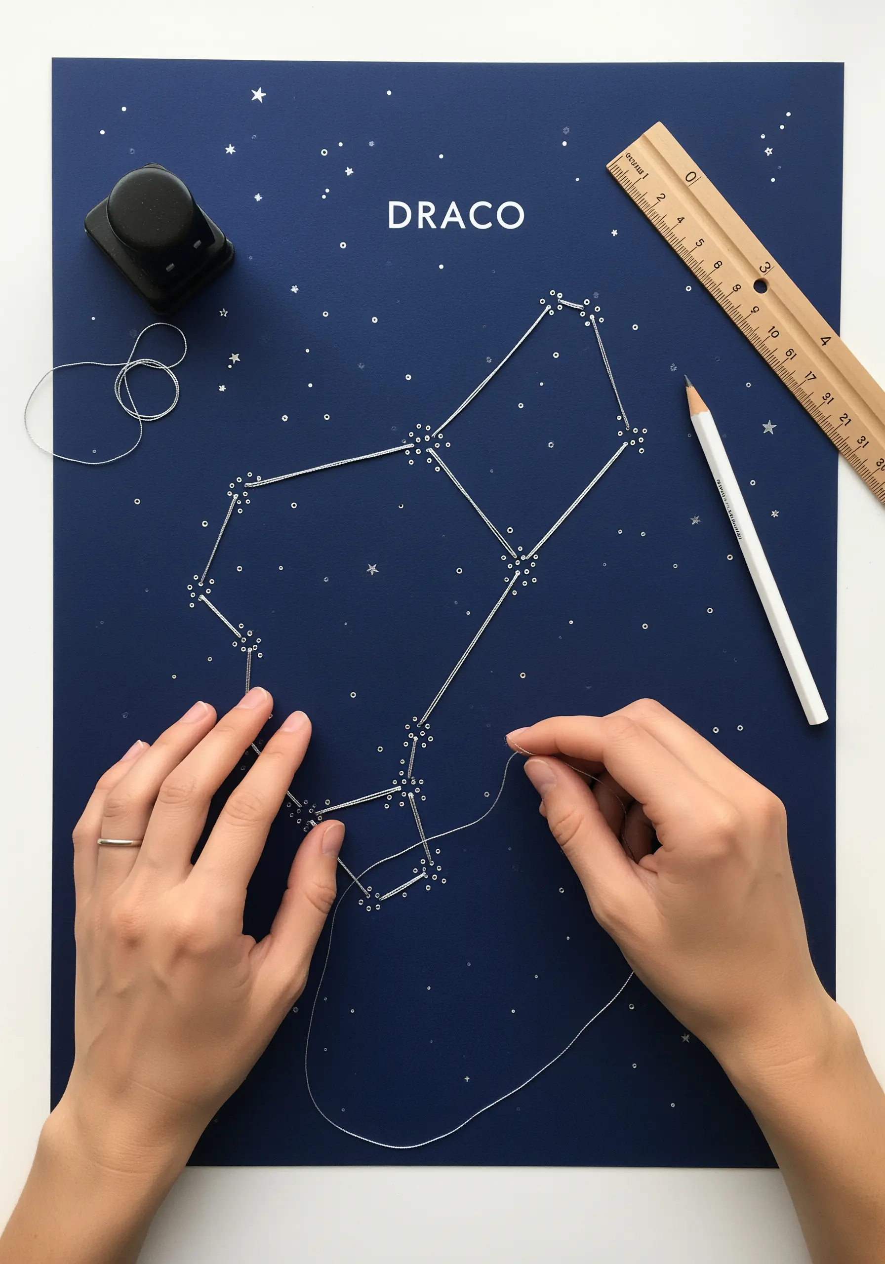 Hands creating a string art version of the Draco constellation on dark blue paper.