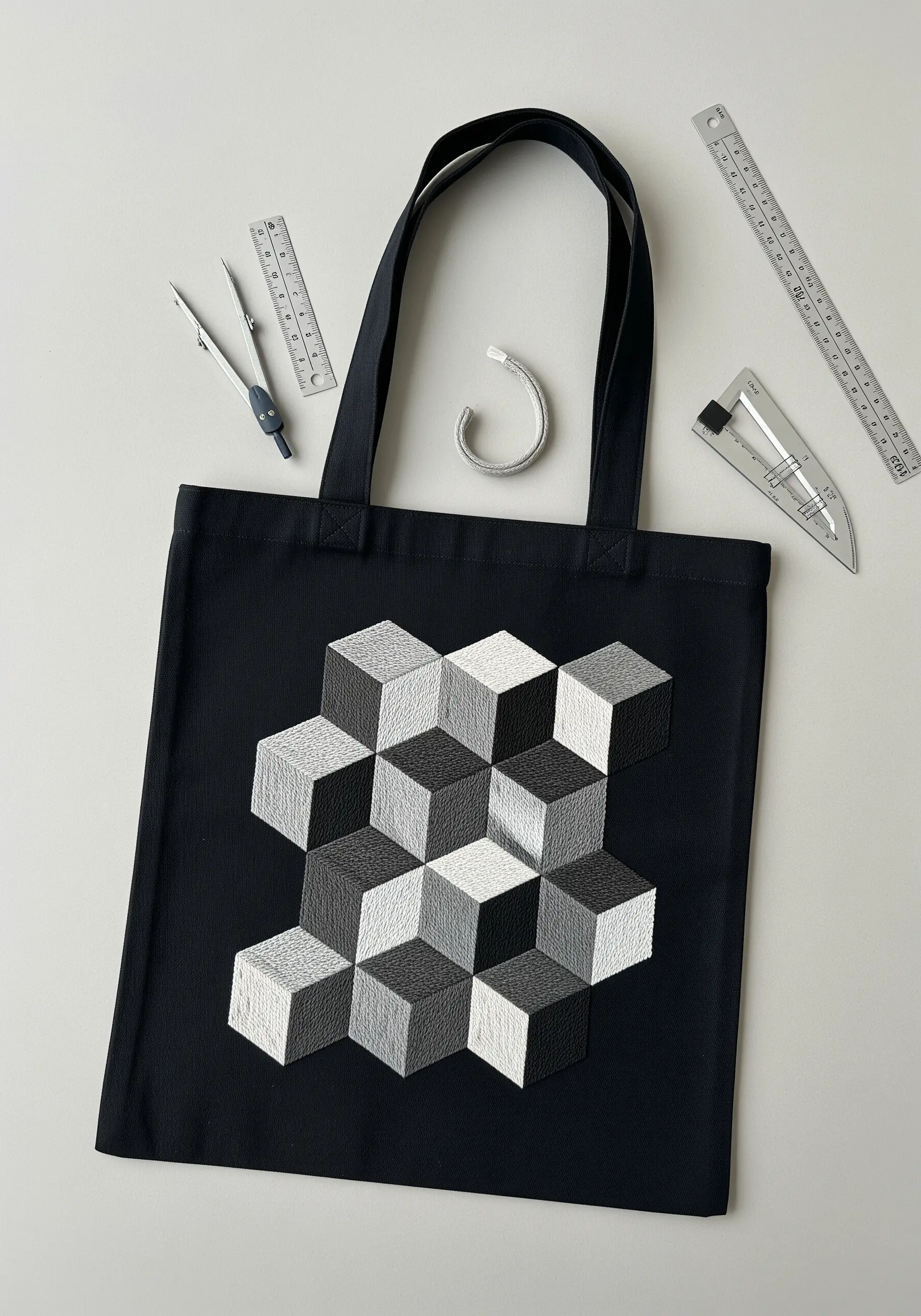 A 3D illusion pattern of interlocking cubes in white, grey, and black satin stitch.