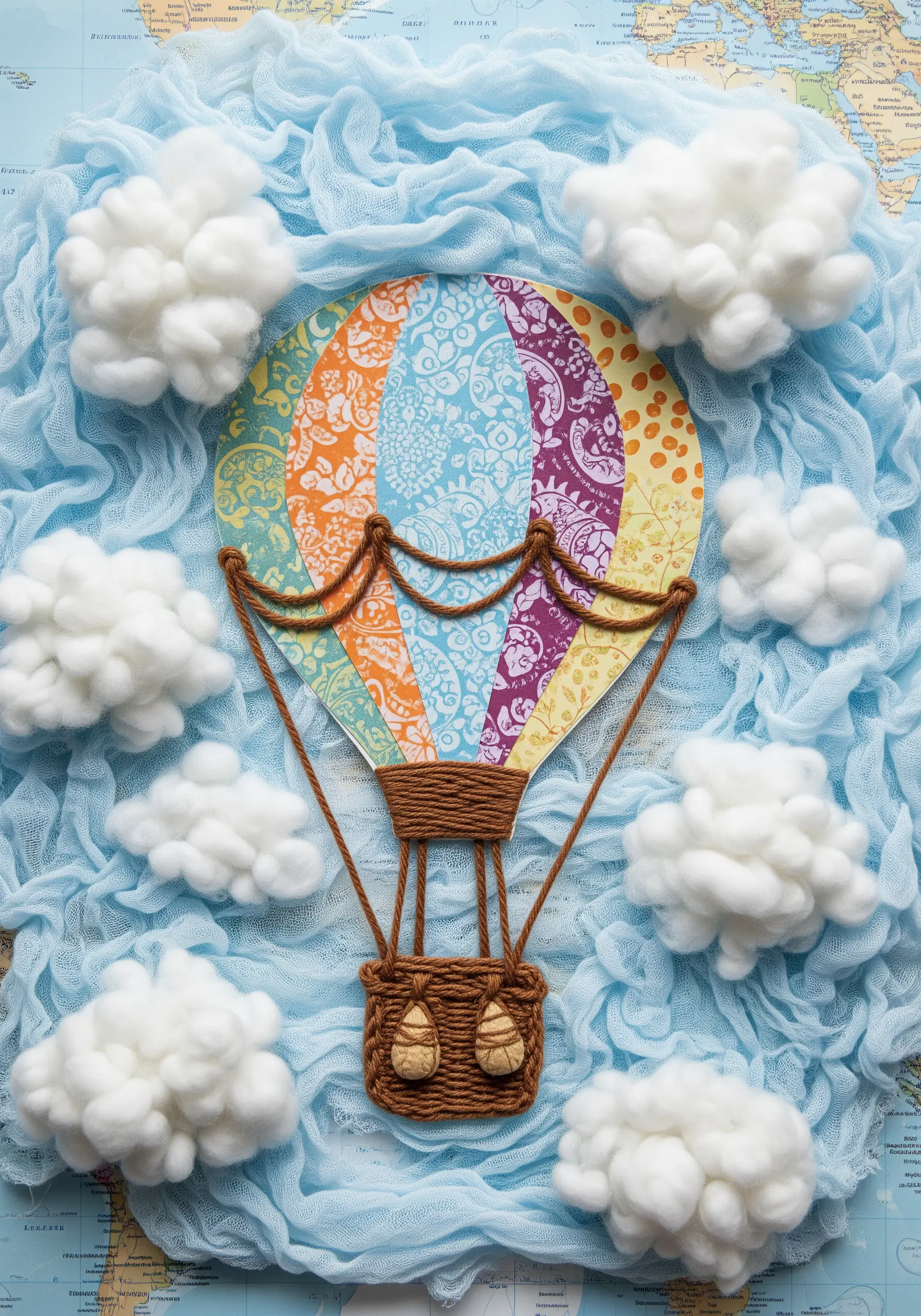 A collage of a hot air balloon made from patterned paper, with a 3D woven basket and fluffy wool clouds.