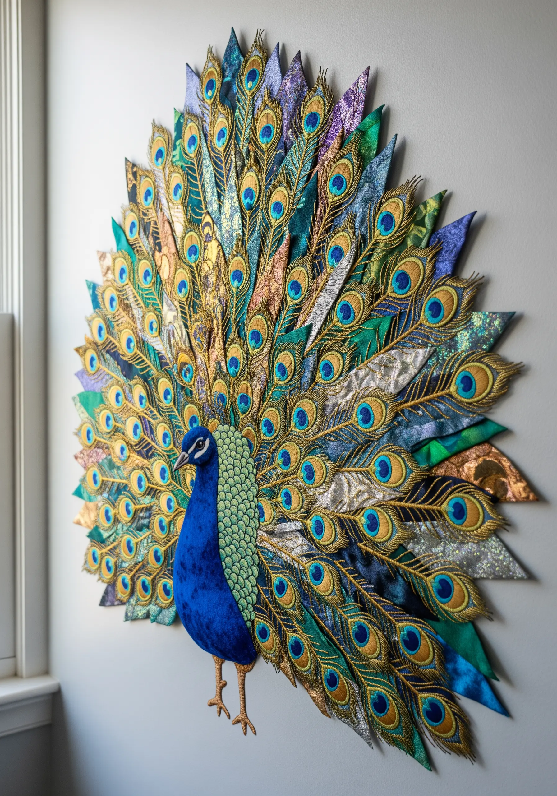 A large peacock wall hanging with individual, layered fabric feathers creating a 3D effect.