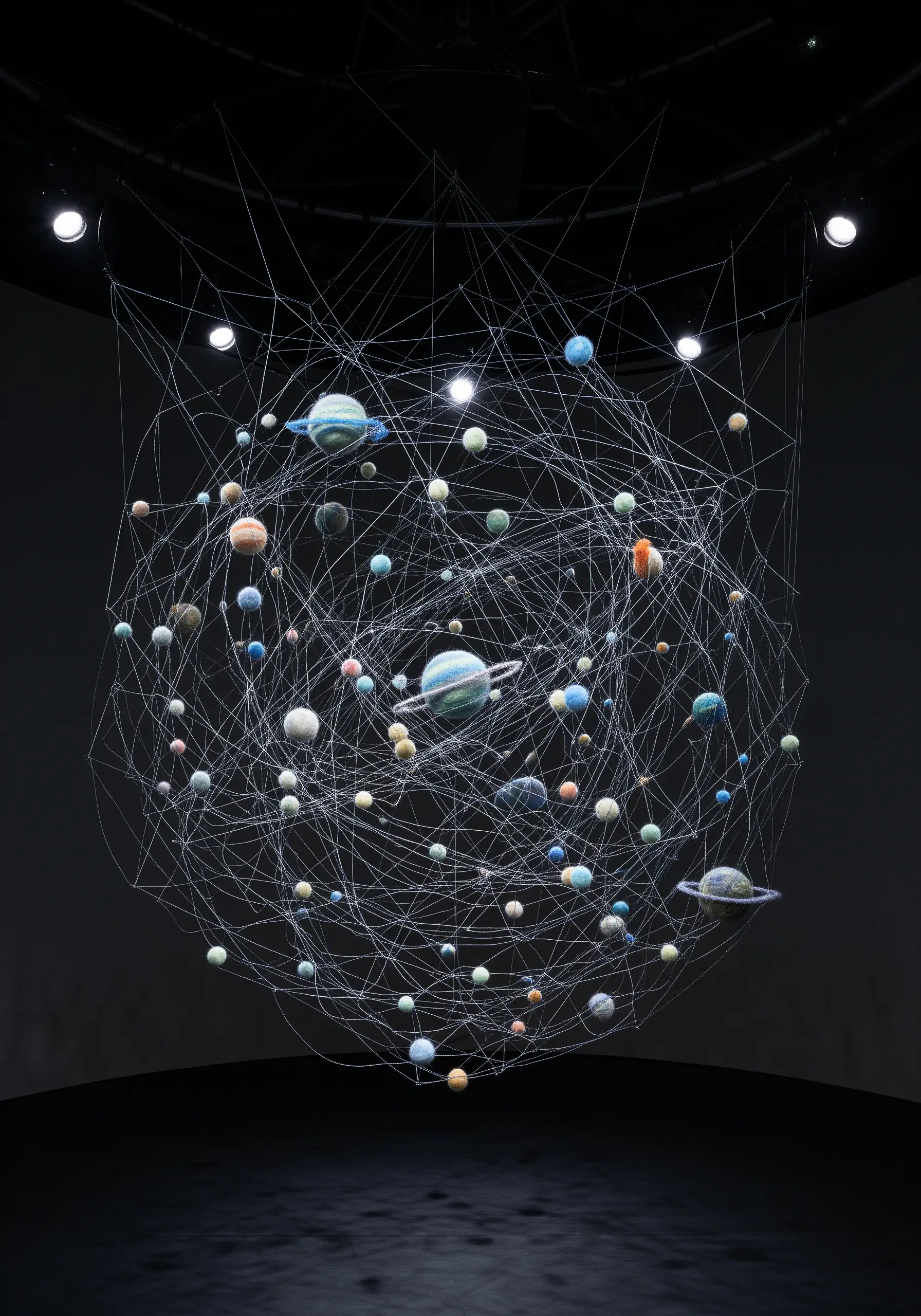 A celestial installation of small, thread-wrapped planets connected by a web of fine strings.