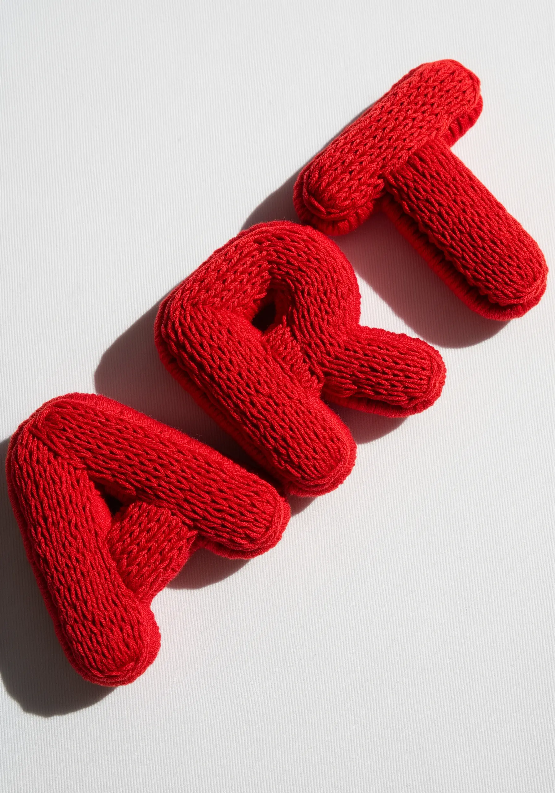 The word ART created from thick, red knitted I-cord, forming soft, three-dimensional letters.