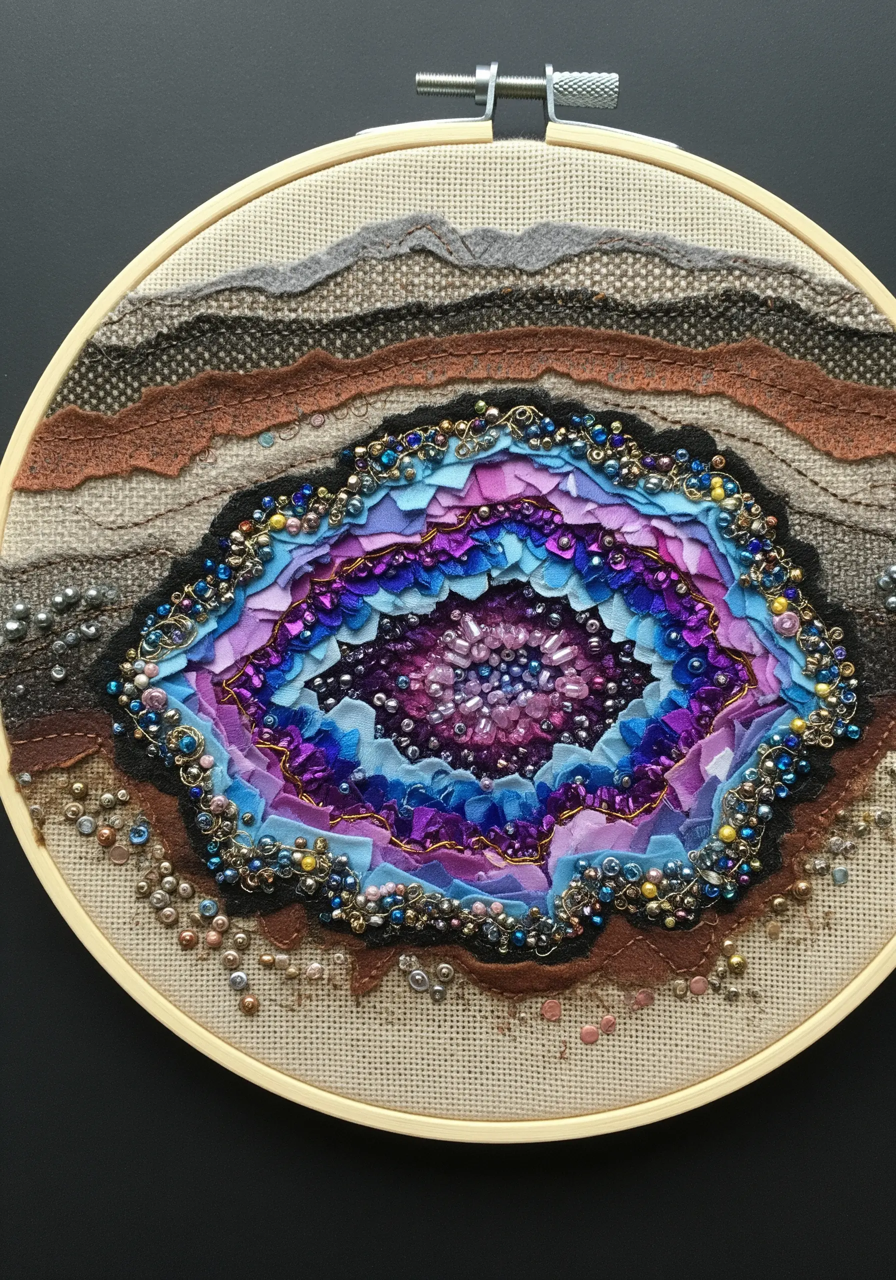 A detailed geode embroidery made with concentric layers of fabric and heavy beadwork.
