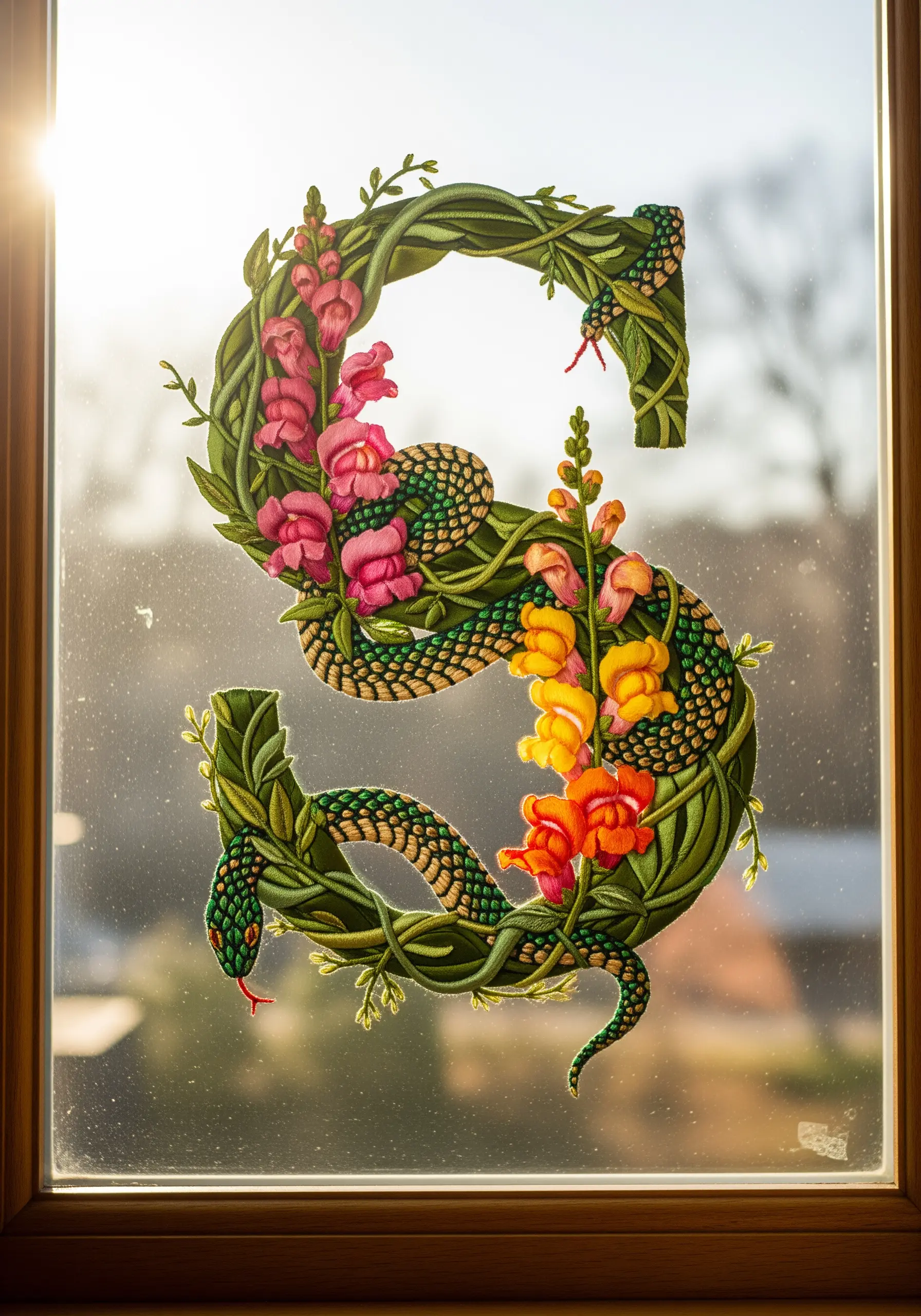 A large letter 'S' formed by coiling snakes, vines, and colorful flowers.