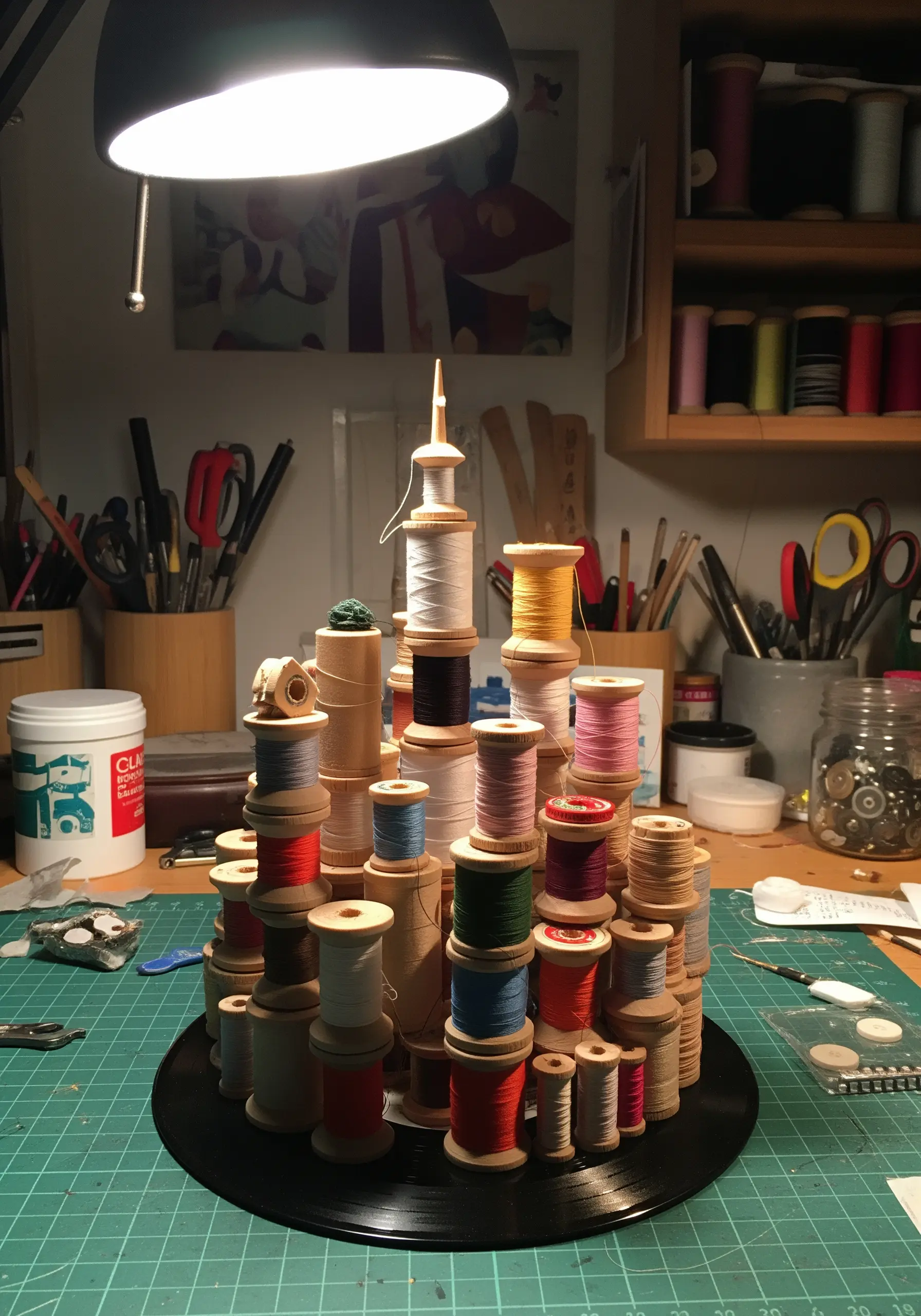 A miniature cityscape sculpture built from stacked wooden spools of colored thread.
