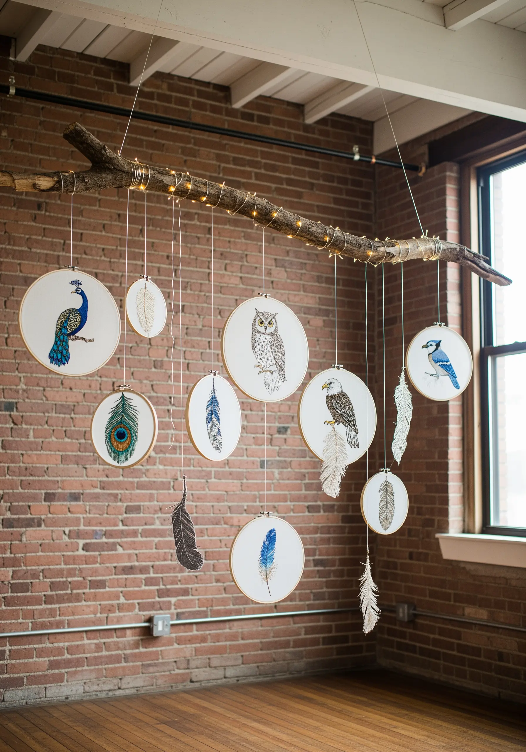 A mobile made from a branch, hanging embroidered hoops of birds and feathers.