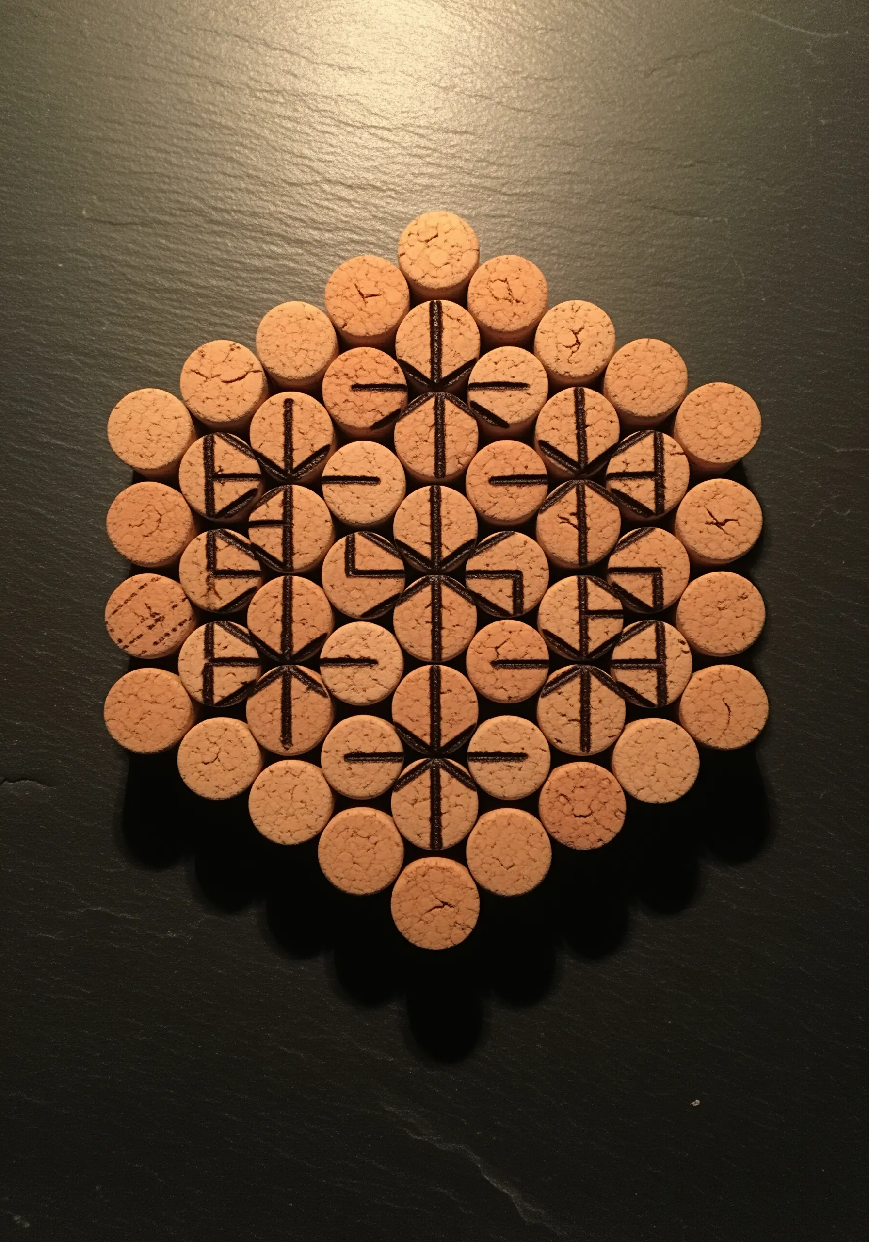 A hexagonal trivet made from wine corks, with a geometric star pattern burned into the top.