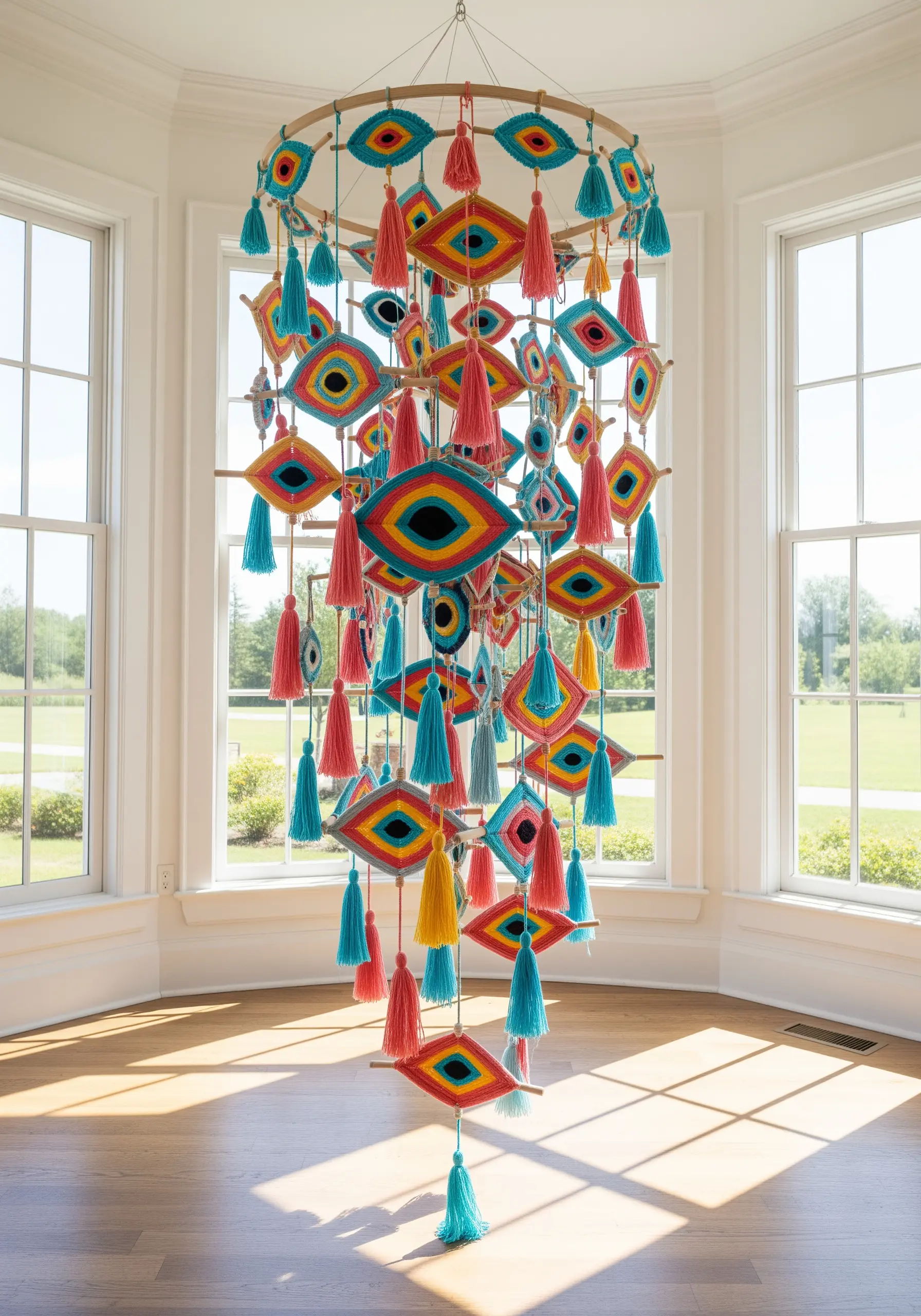 A large, colorful mobile made of dozens of woven God's Eye designs and tassels.