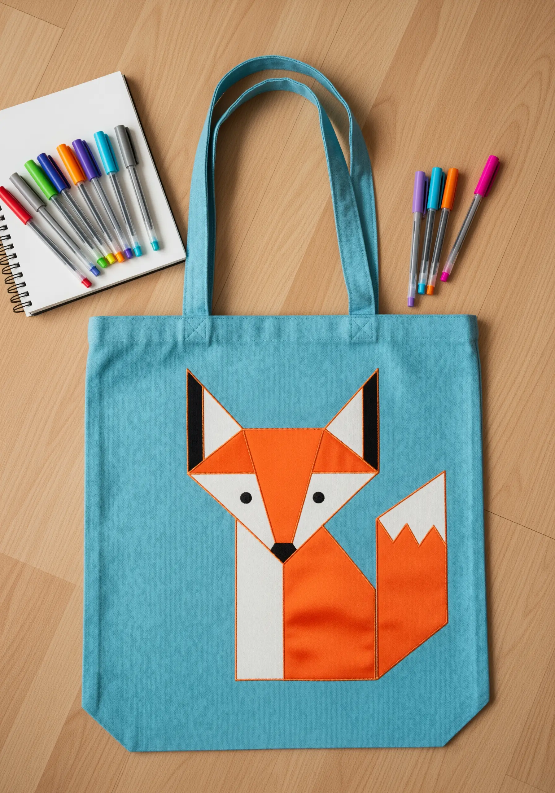 A stylized fox made from geometric pieces of orange, white, and black satin appliqué.