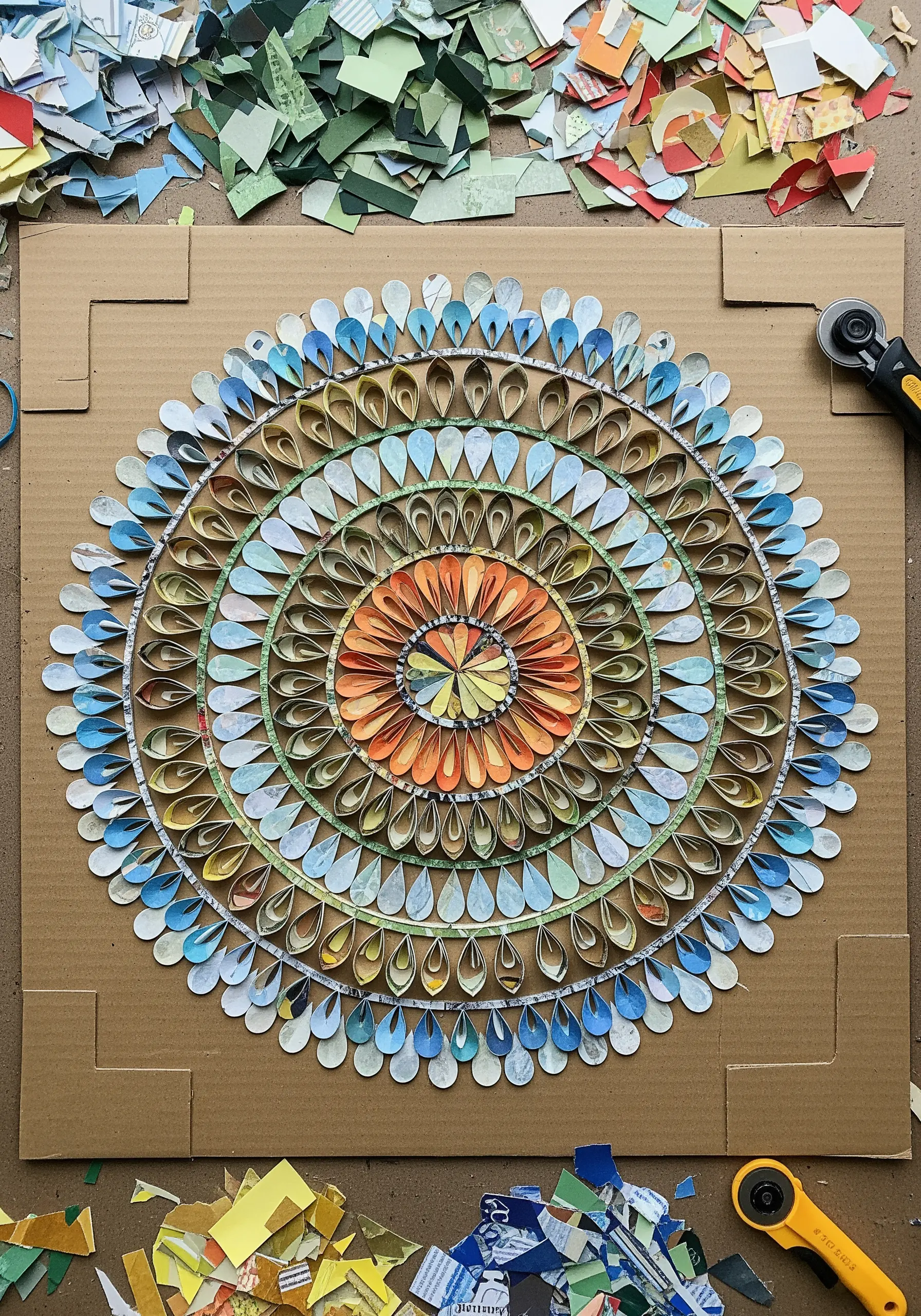 A large, intricate mandala made from hundreds of folded paper teardrops in a colorful gradient.