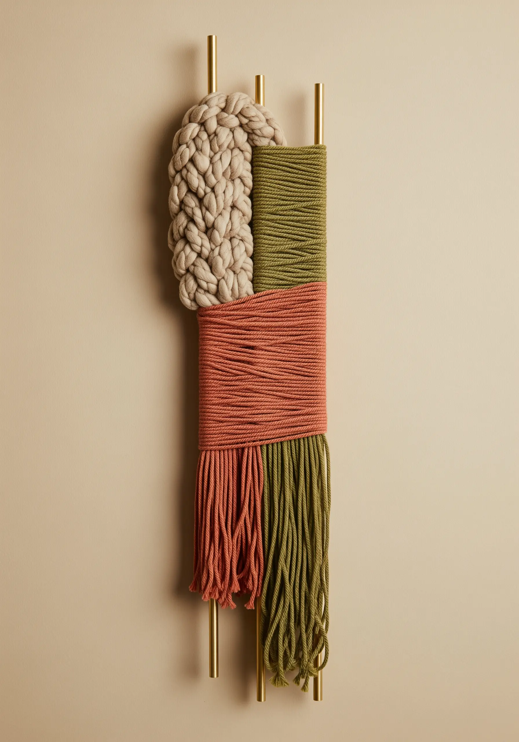 Minimalist wall art with chunky braided yarn and tightly wrapped yarn on brass rods.