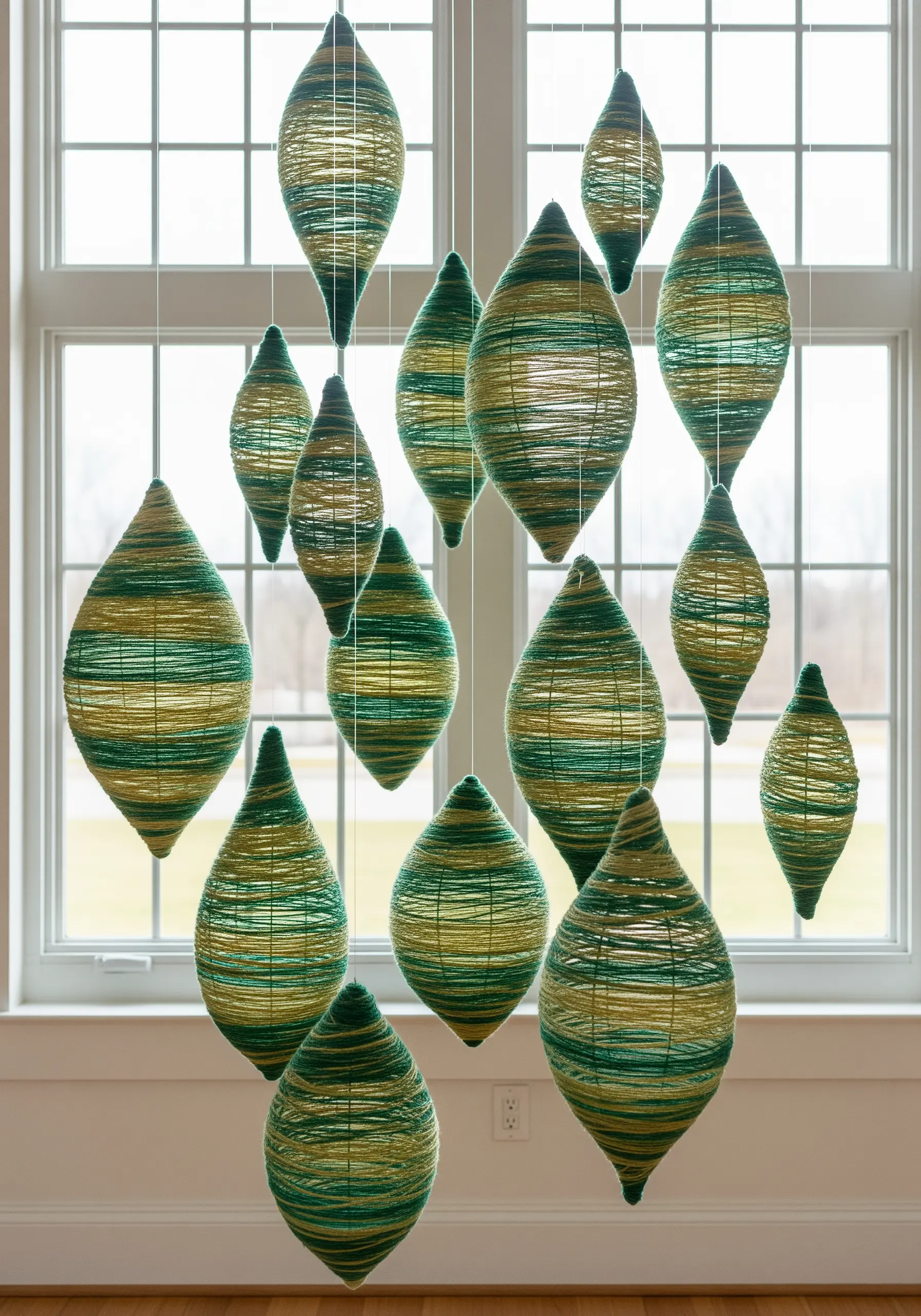 A hanging mobile of green and yellow yarn-wrapped, teardrop-shaped sculptural forms.
