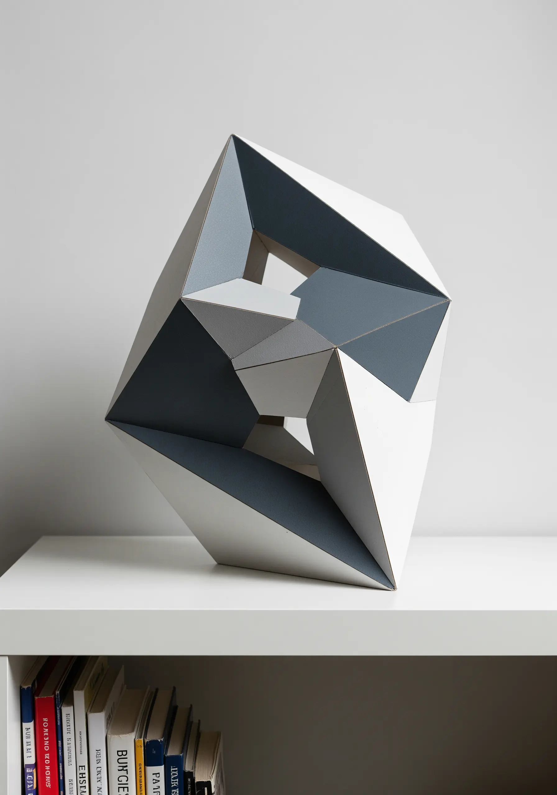 A complex, abstract geometric sculpture made from folded white and gray cardstock.