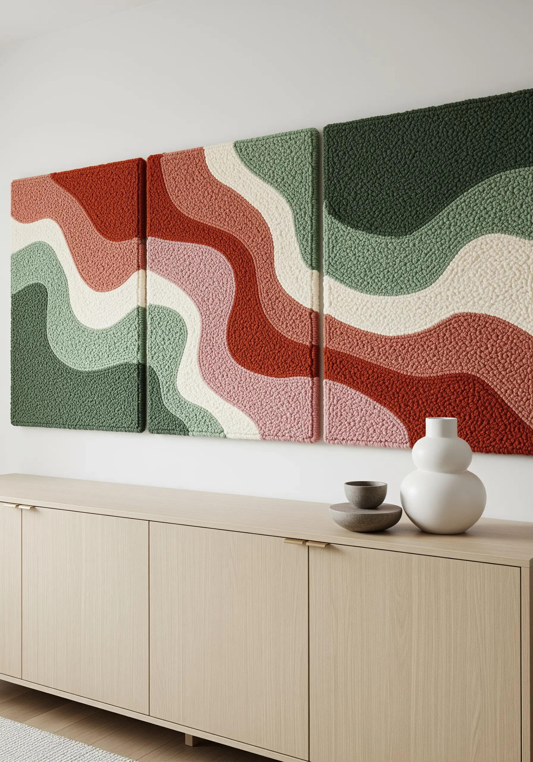 Three-panel punch needle wall art with flowing, wavy lines in earthy red, pink, and green.