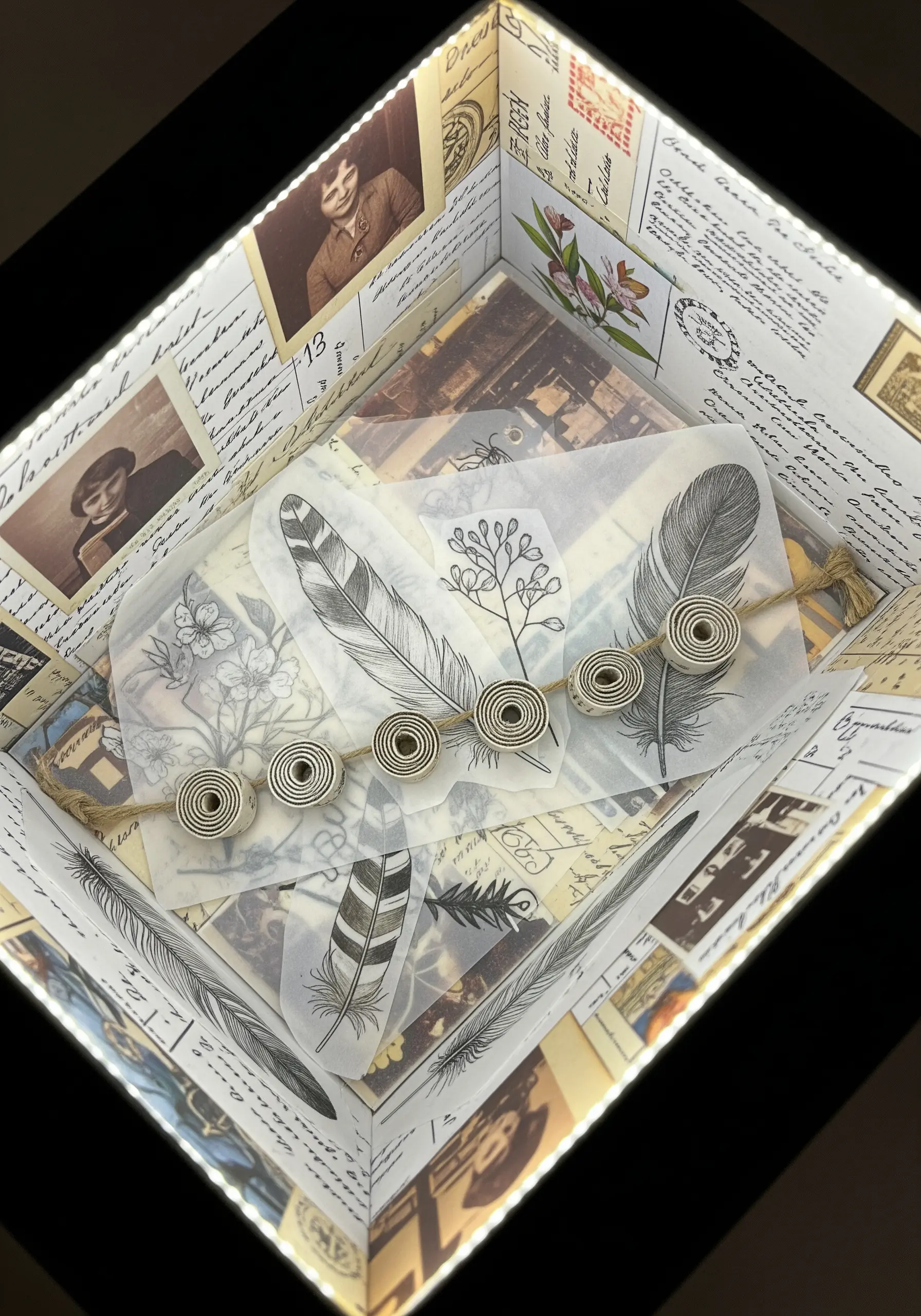 A memory box decorated with vintage papers, with a string of paper beads and feathers inside.