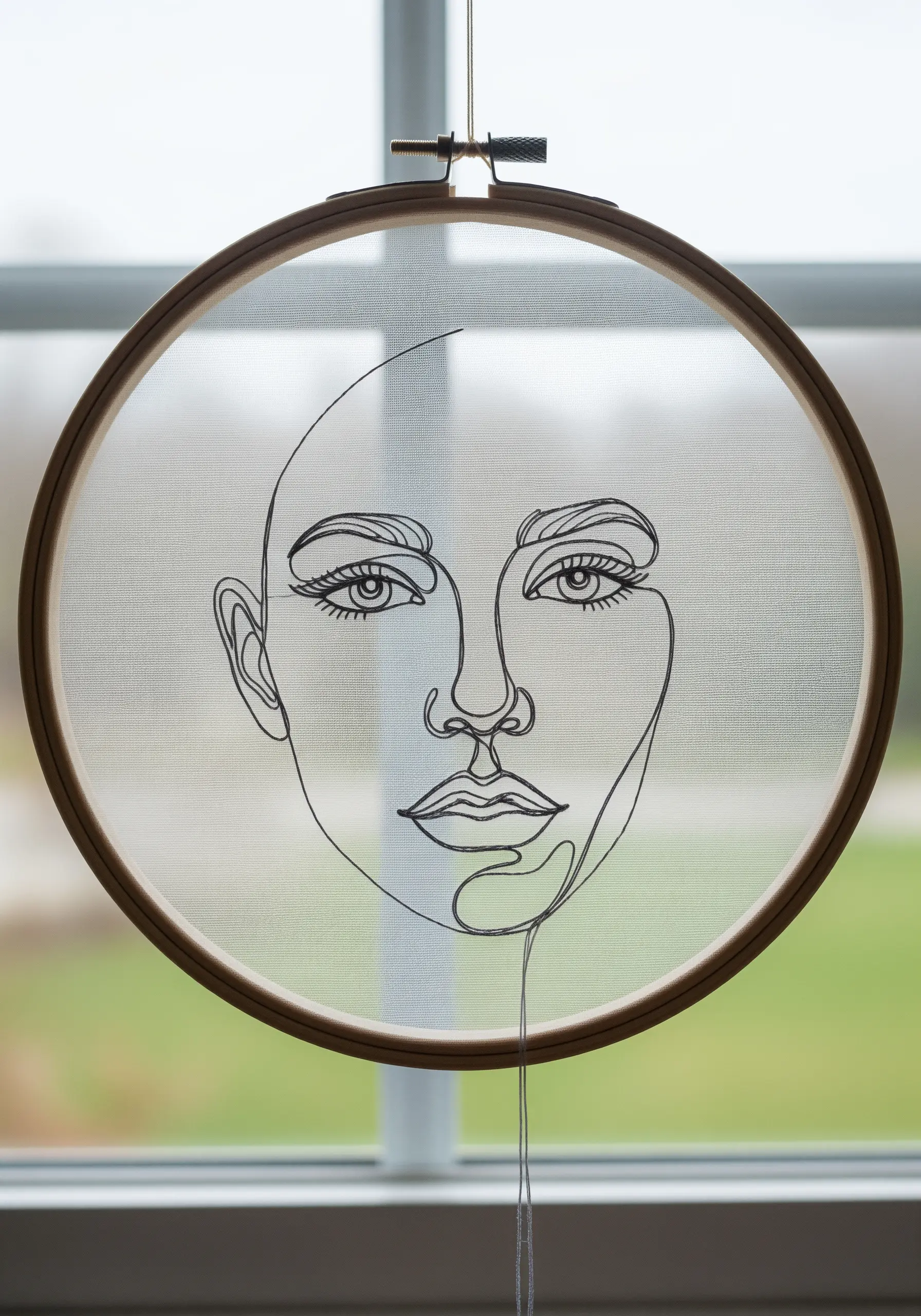 Futuristic portrait made of intersecting straight stitches in neon green, pink, and blue.