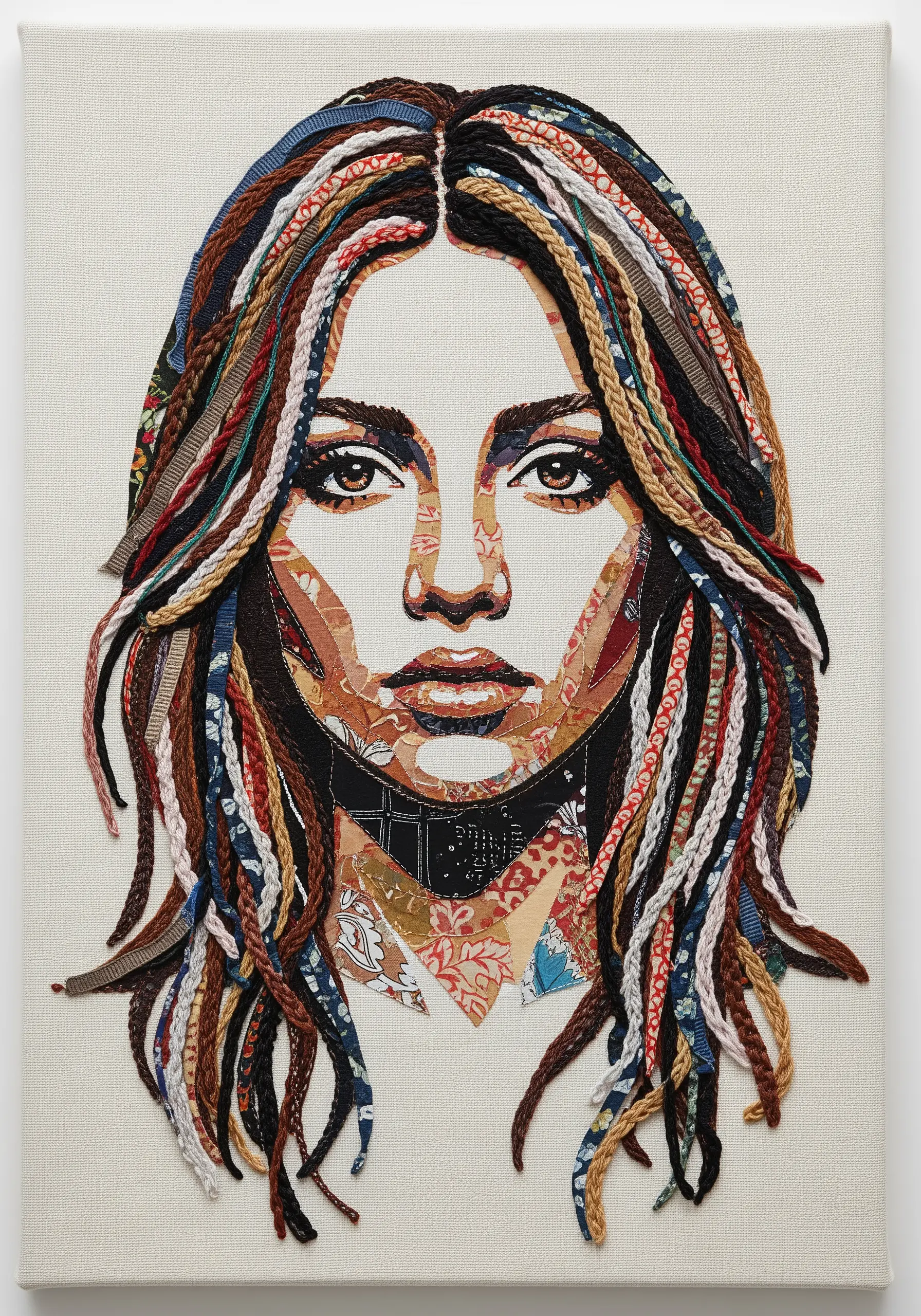 A portrait of a woman made from a collage of patterned fabric scraps and braided yarn.