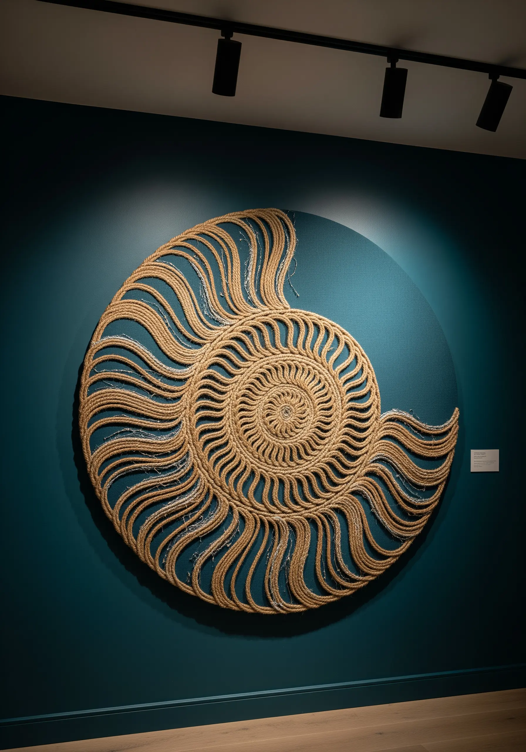 A large wall art piece featuring a coiled rope ammonite shape on a dark circular canvas.