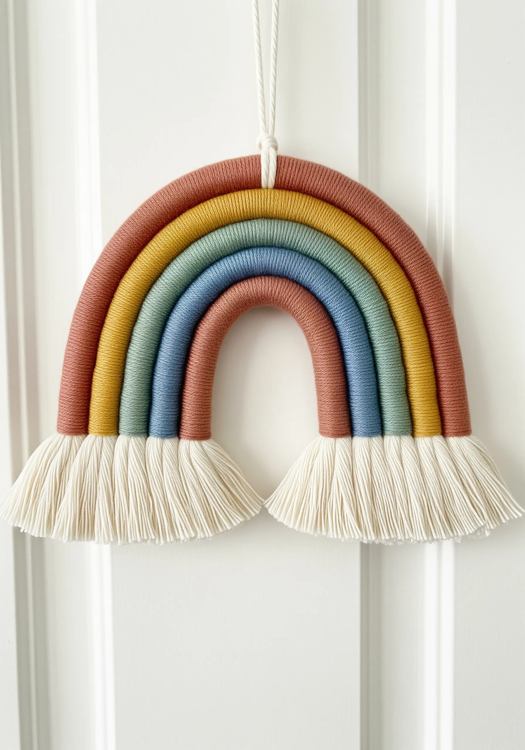 A macrame rainbow wall hanging with muted colors and a fluffy white fringe.