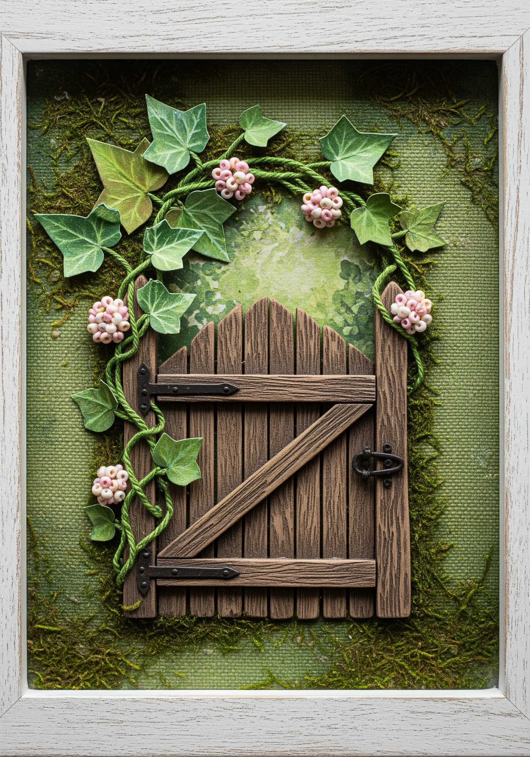 A 3D shadow box of a garden gate with paper ivy and tiny beaded flowers.