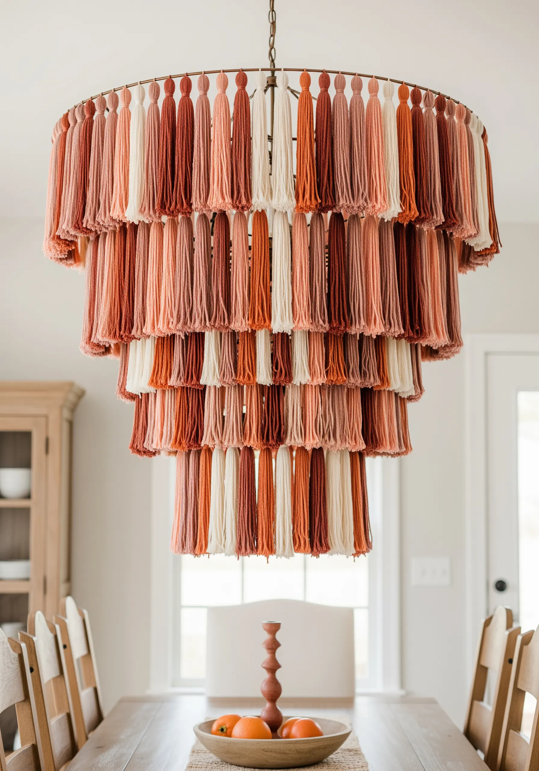 A multi-tiered chandelier made of hundreds of yarn tassels in shades of terracotta, pink, and cream.