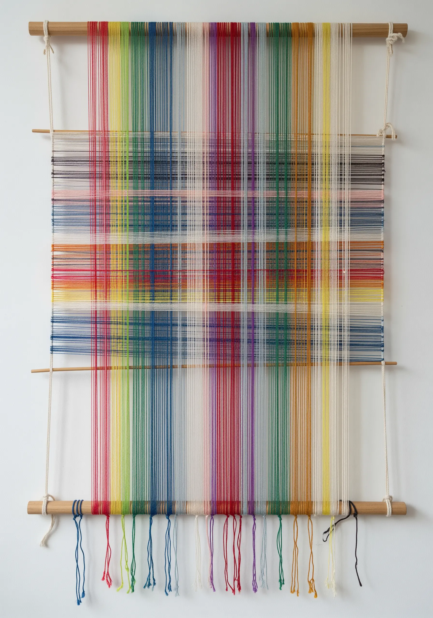 A minimalist wall hanging made of a grid of stretched rainbow-colored threads.