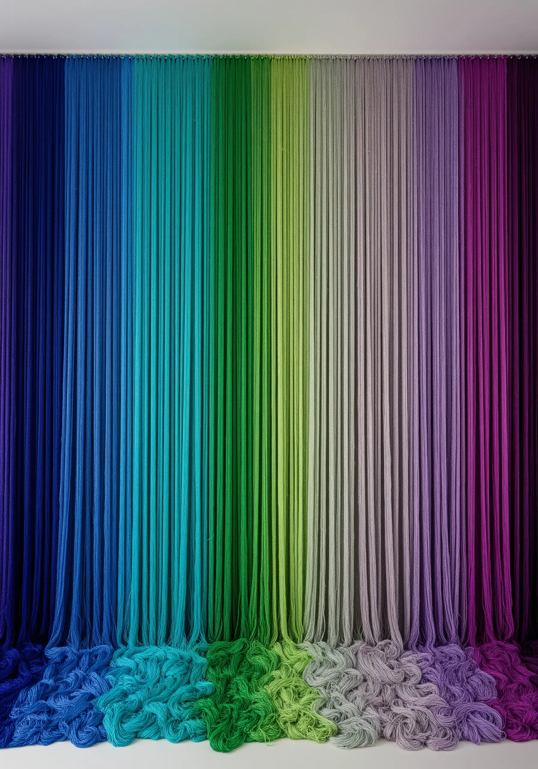 A full wall covered in a rainbow gradient of yarn hanging from the ceiling to the floor.