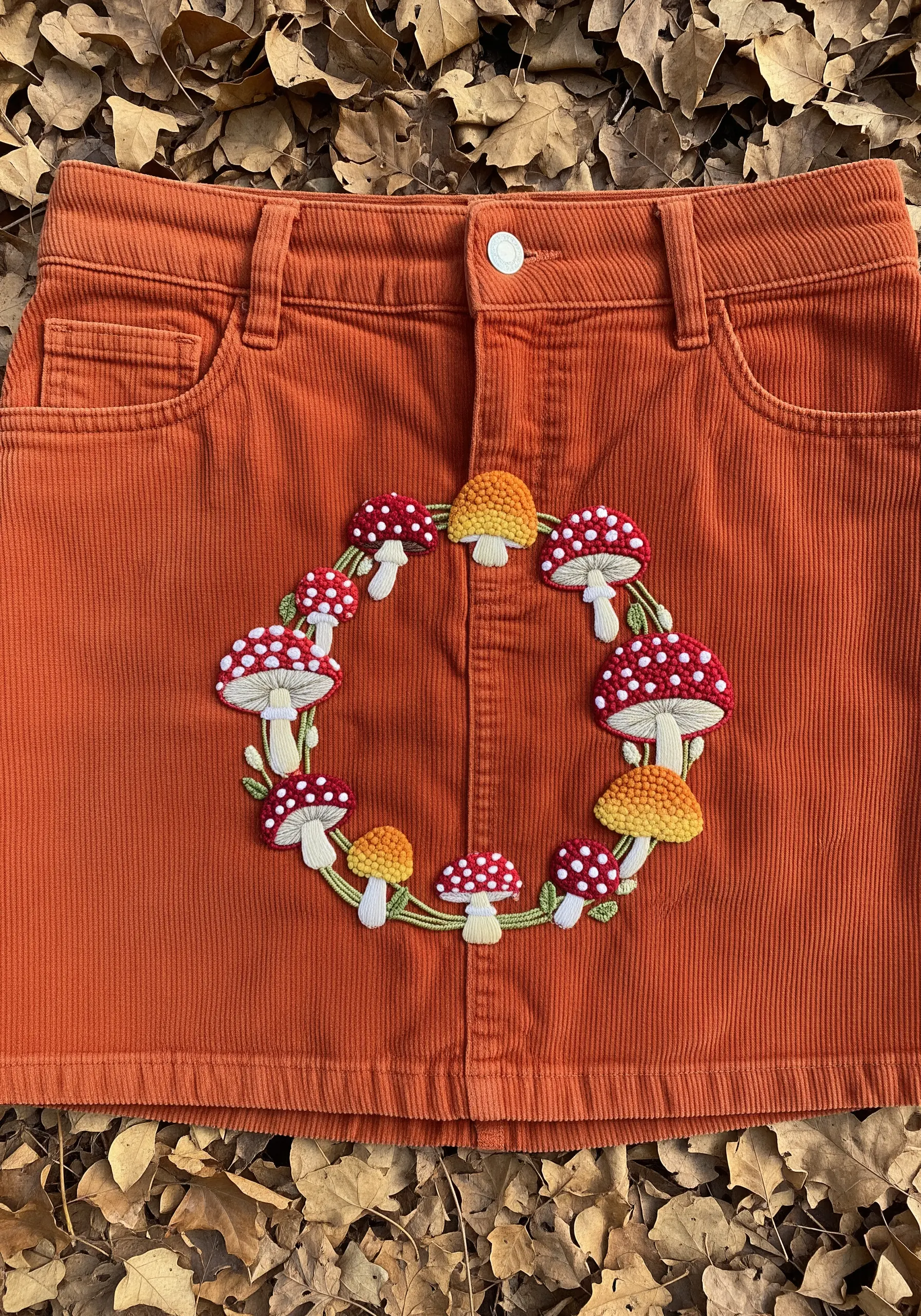 A circular wreath of red and white mushrooms on an orange corduroy skirt.