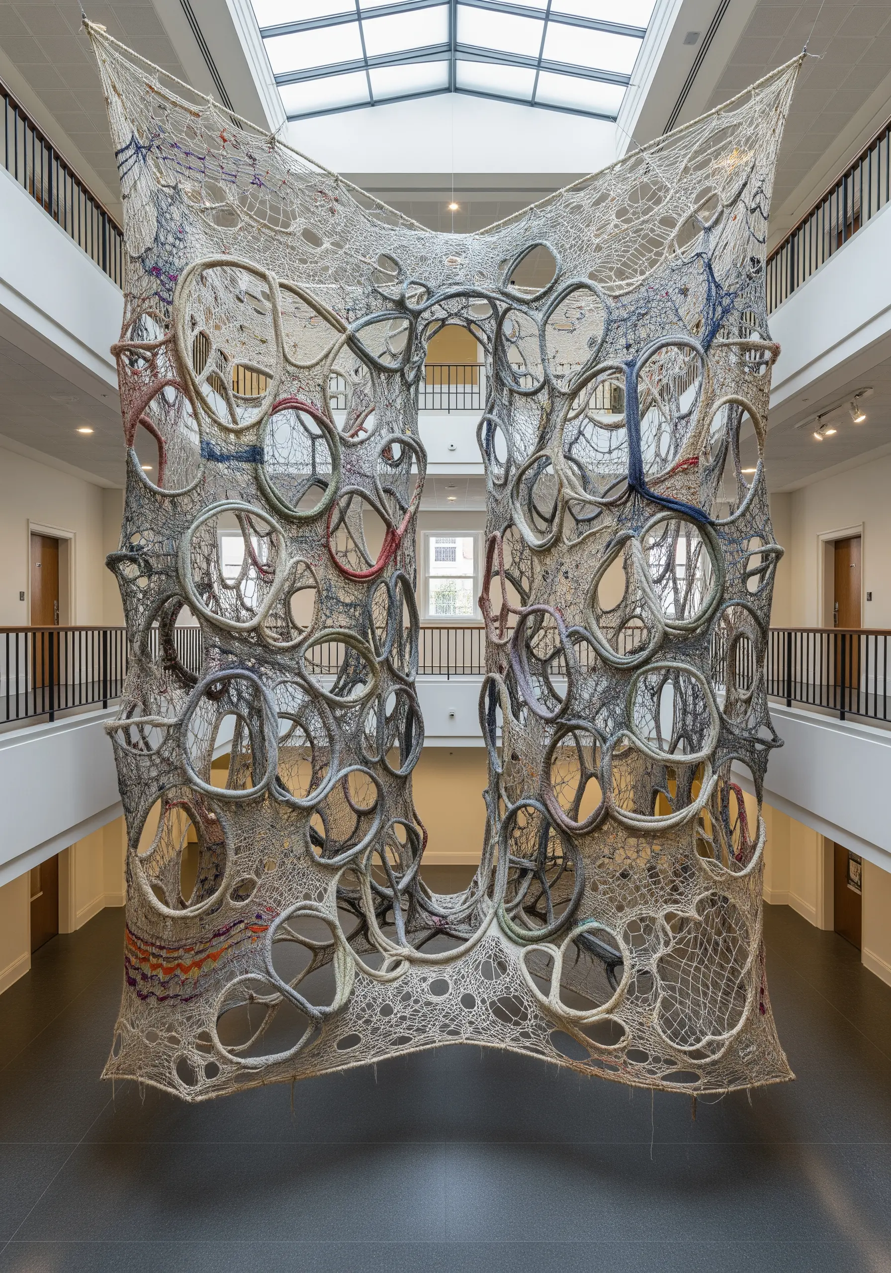 A massive, web-like fiber art installation hanging in the atrium of a building.