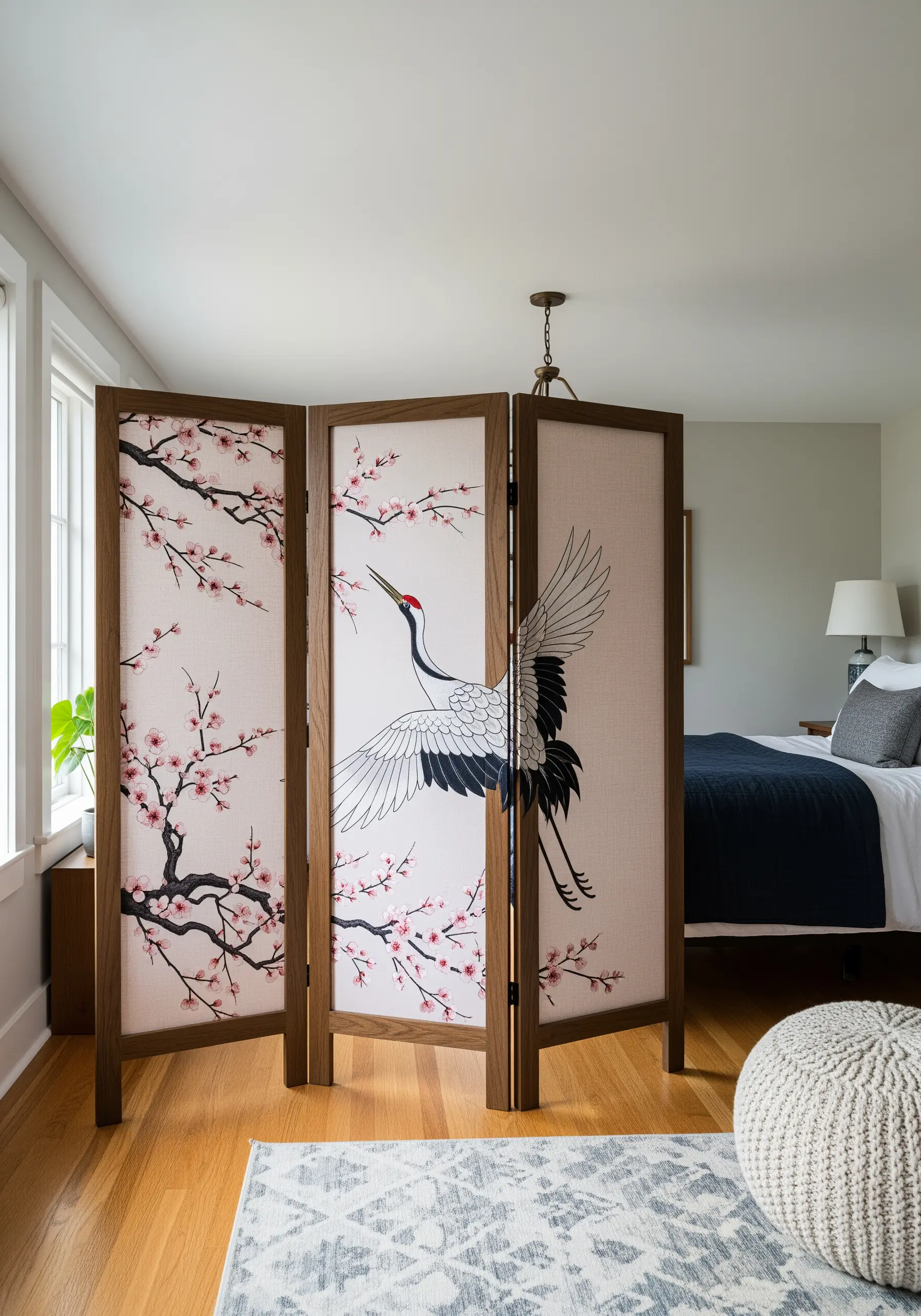 A folding room screen with fabric panels embroidered with a crane and cherry blossoms.