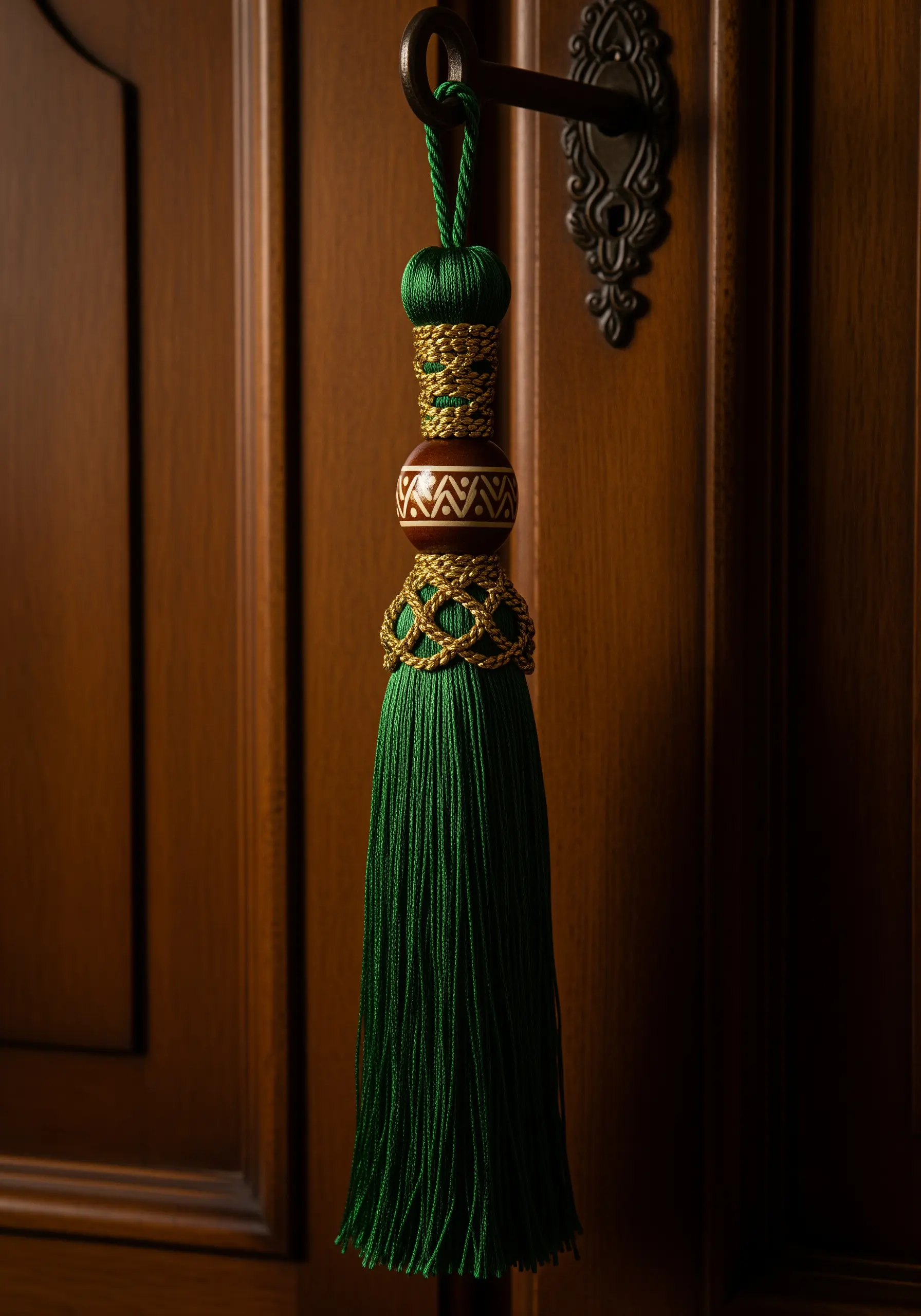 An ornate green and gold tassel with wrapped beads and woven details hanging on a doorknob.