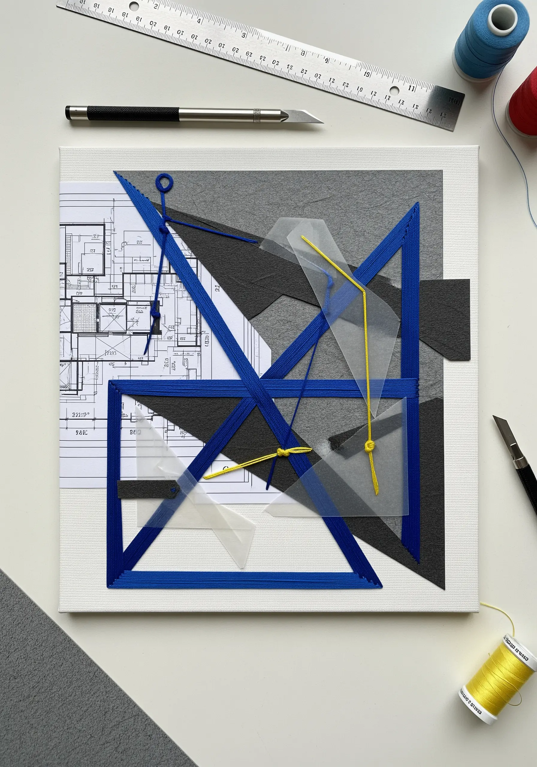 An abstract collage with blue and yellow thread stretched across geometric paper shapes on a canvas.