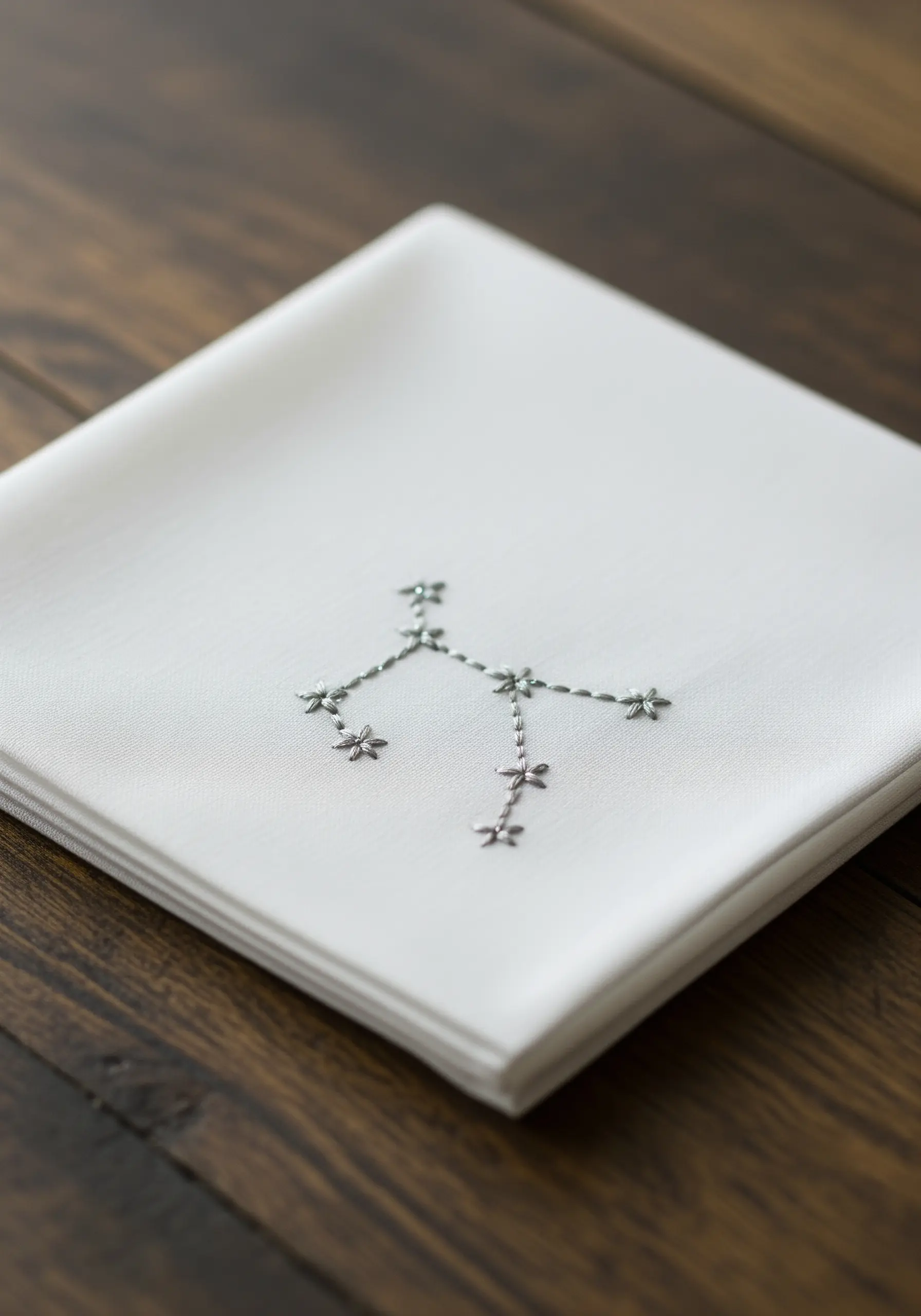 A constellation pattern stitched in silver thread, with lazy daisy stitches for stars.