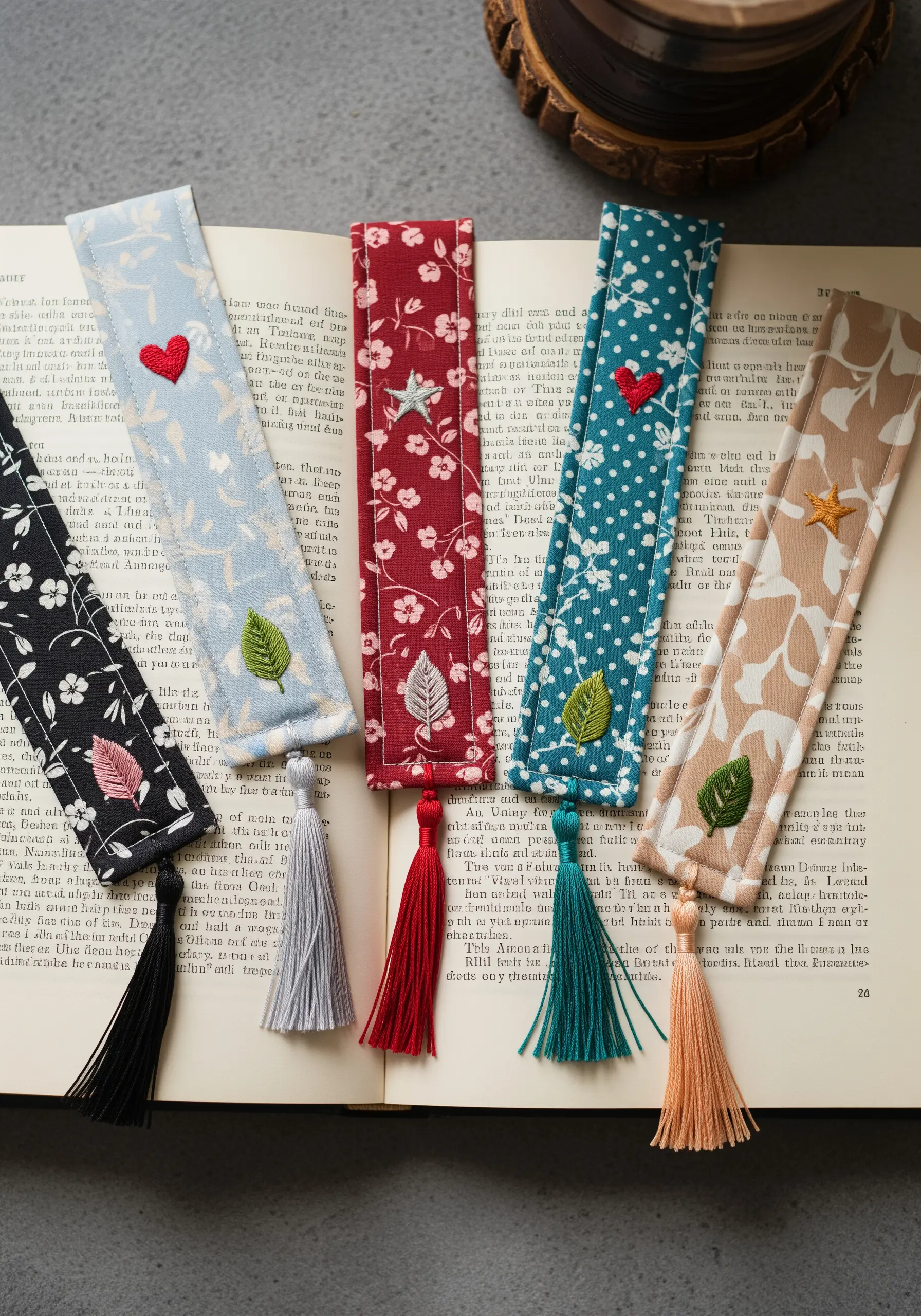 A collection of colorful fabric bookmarks, each with a small embroidered motif and tassel.
