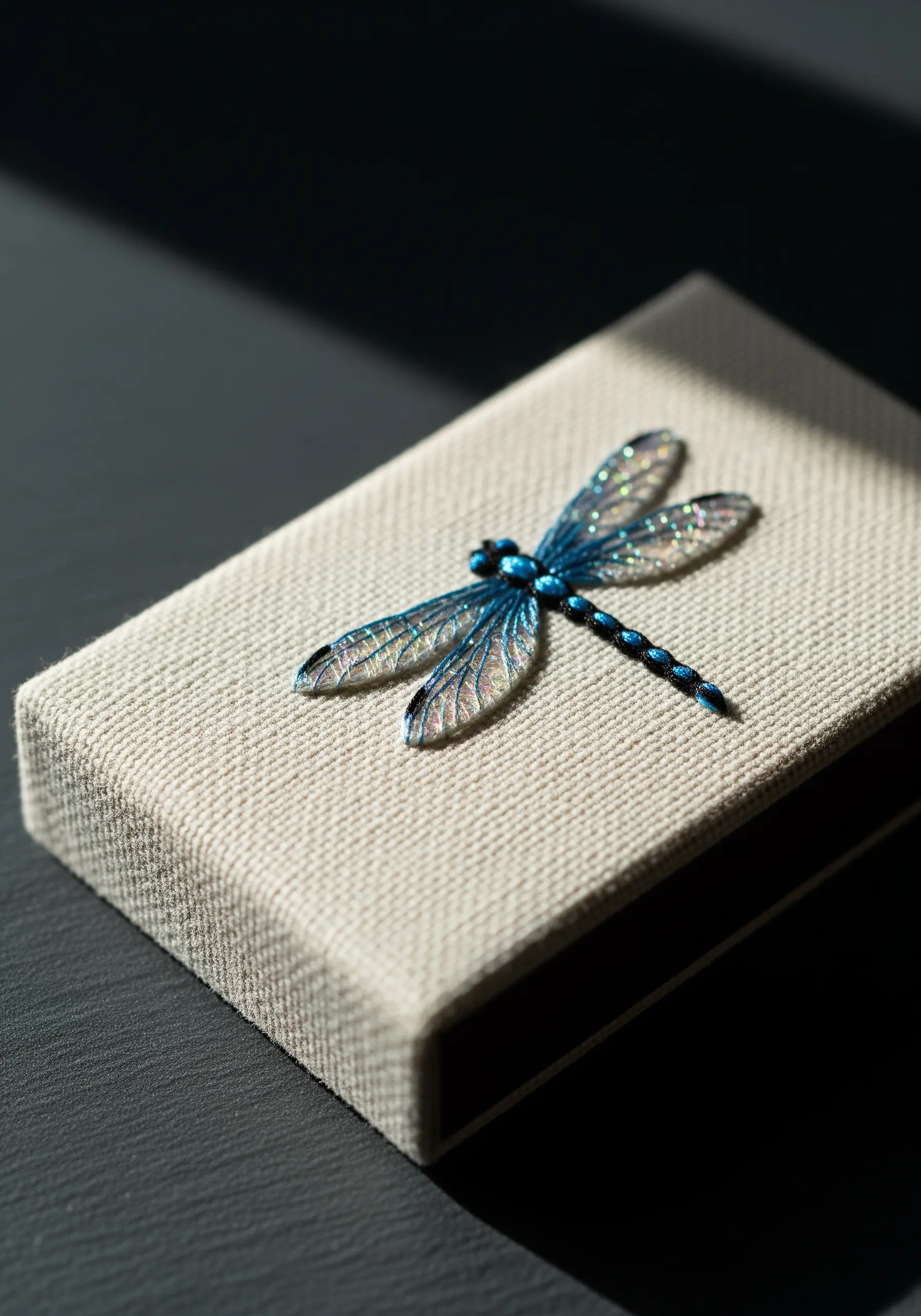 A dimensional embroidered dragonfly with iridescent wings on the lid of a textured gift box.