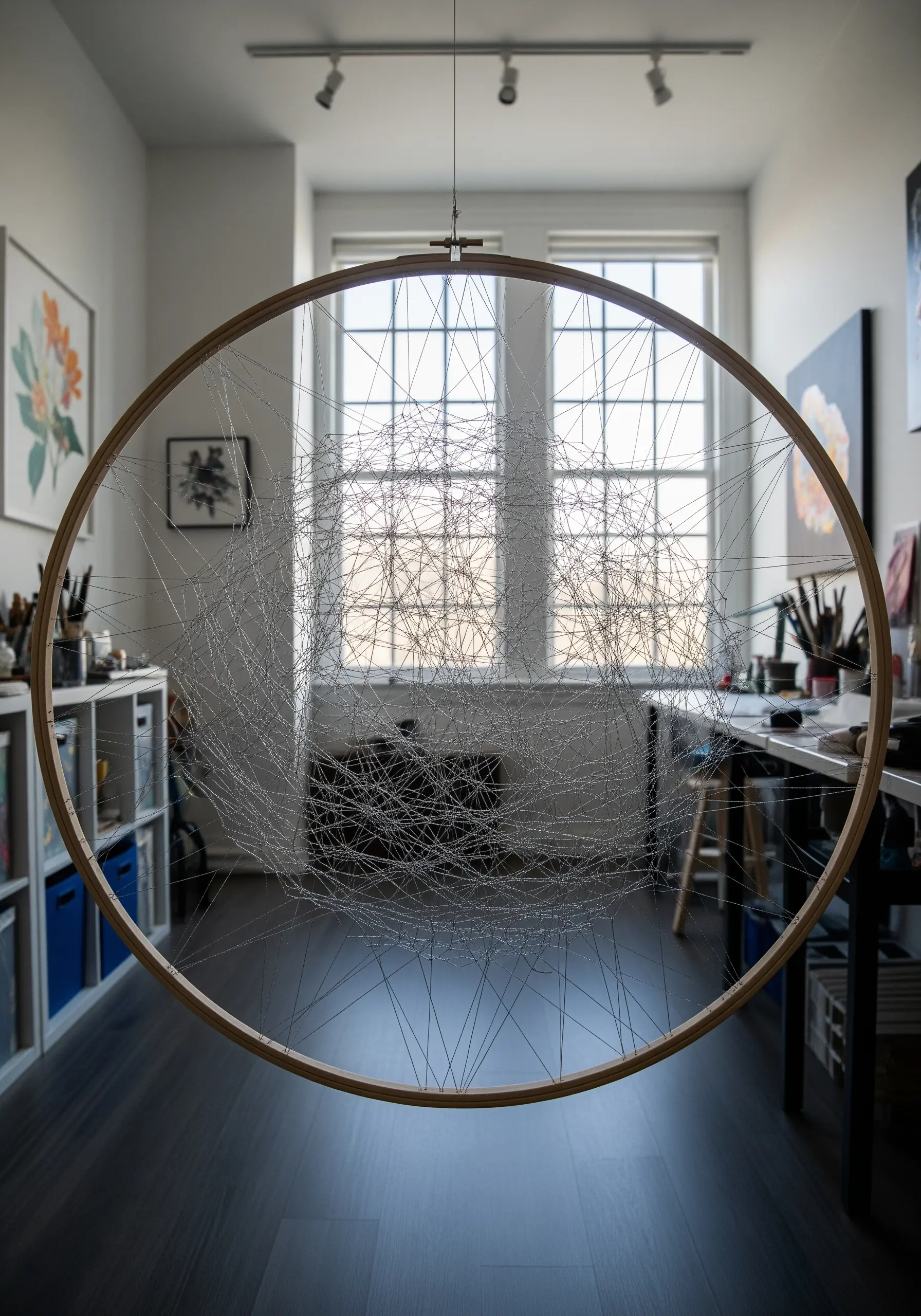 A large wooden hoop with a complex web of silver thread creating a chaotic, spherical form.