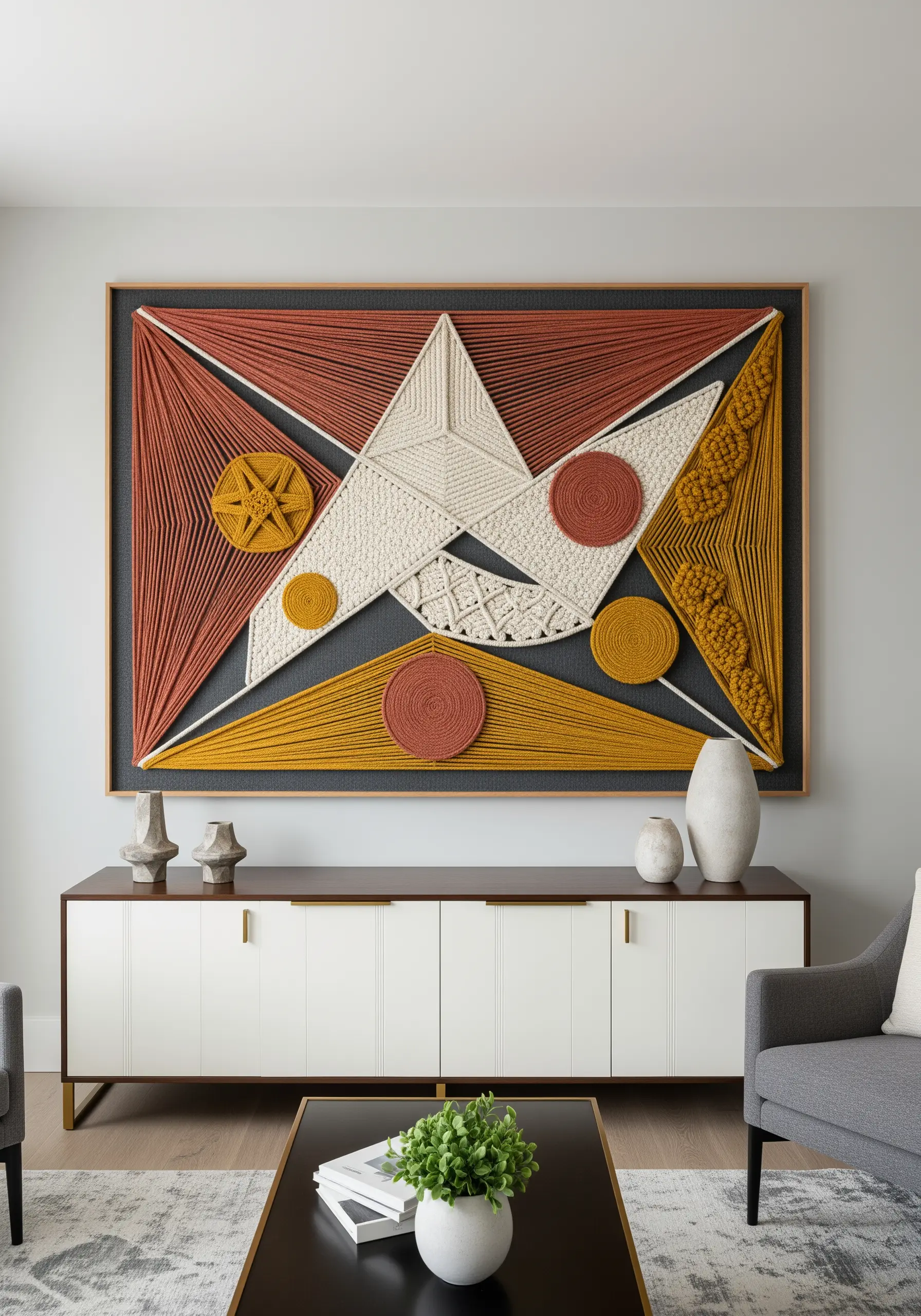 Large framed geometric string art with orange, yellow, and cream yarn over a dark background.