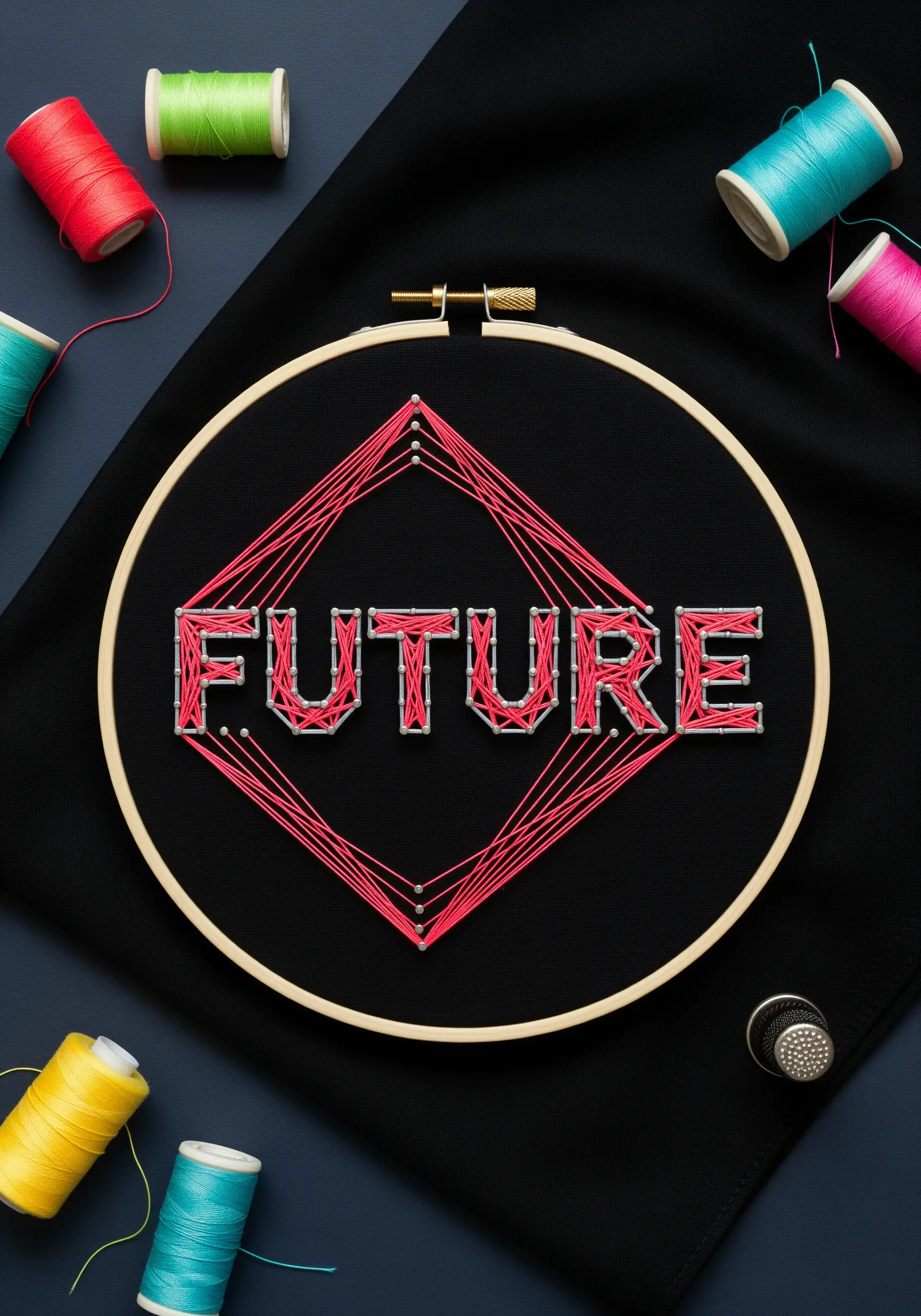 Pink string art typography spelling 'FUTURE' inside a wooden embroidery hoop.